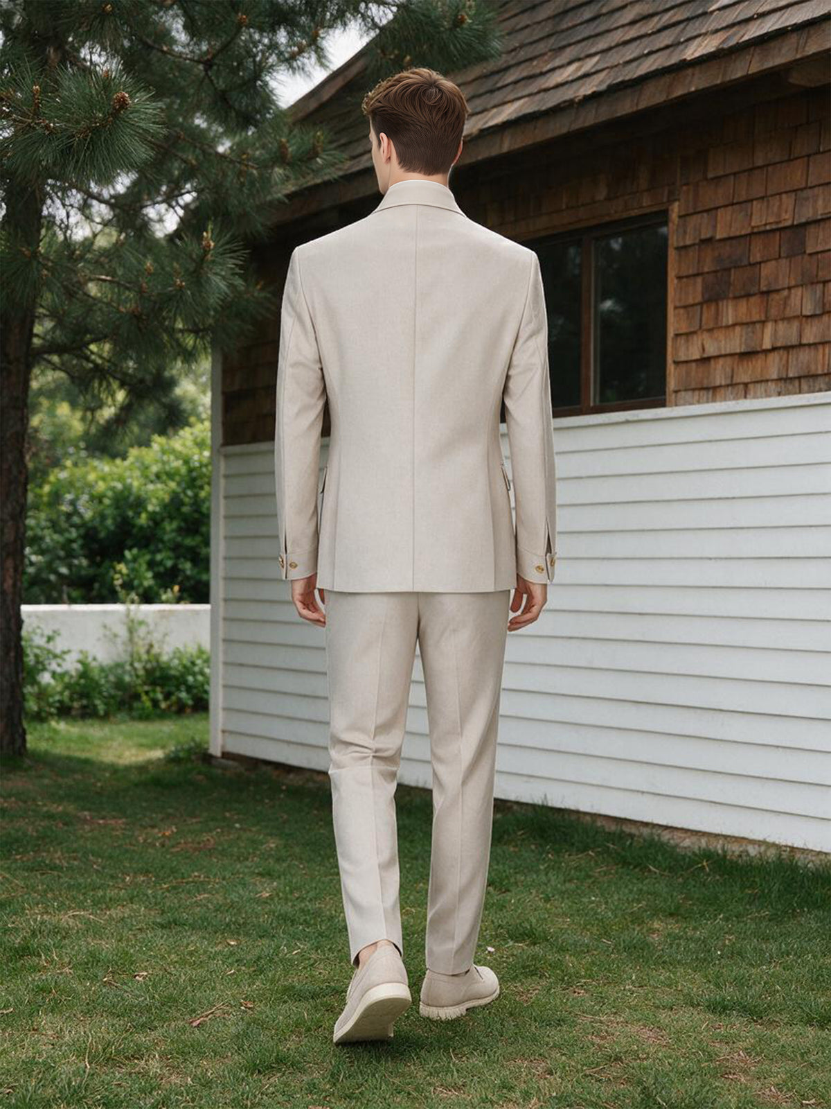 Cicinia Beige Men's Suits Slim Fit 2 Pieces Stand Collar Plain Multi Pocket Suit