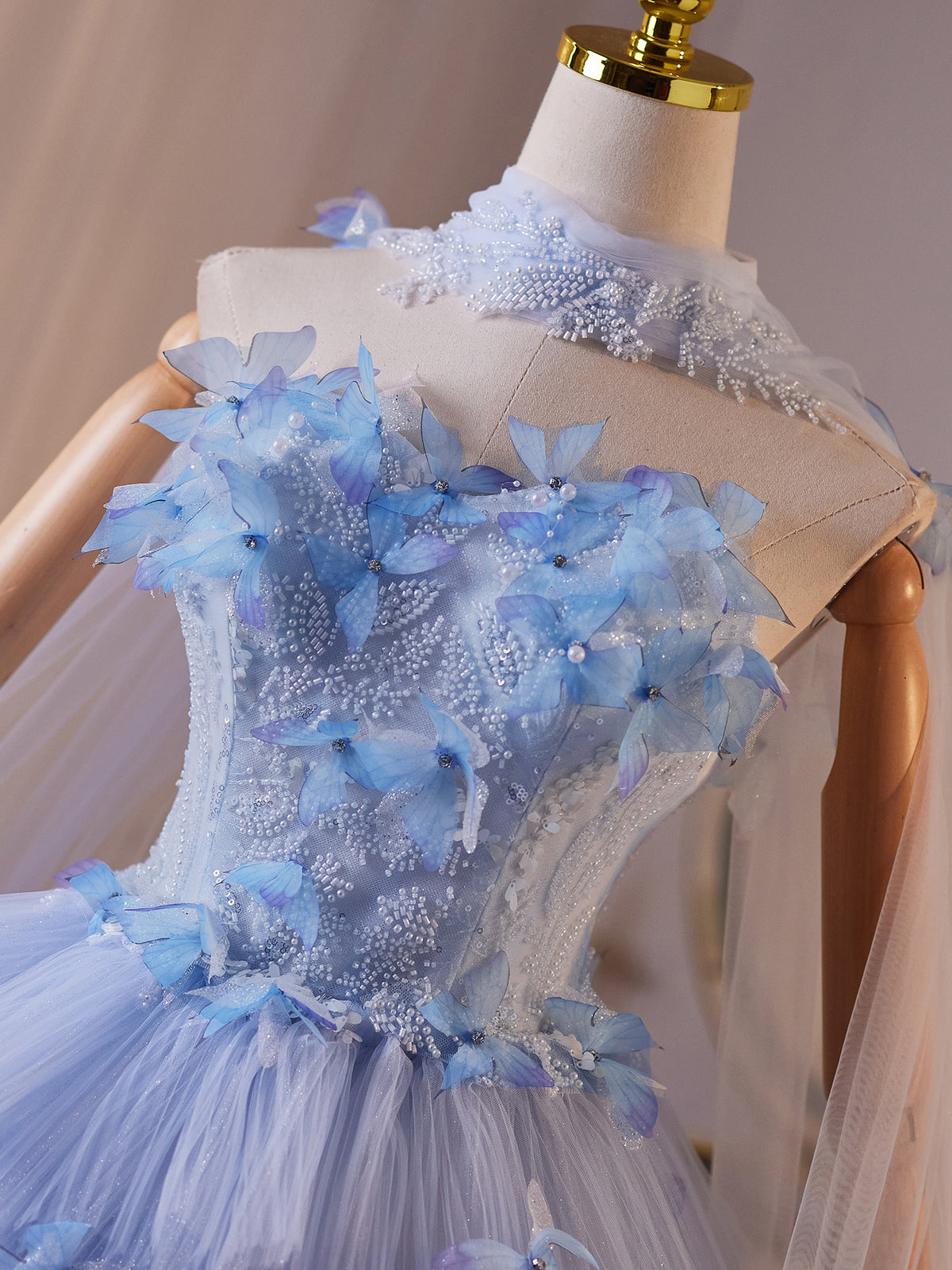 Cicinia Tiered Tulle 3D Butterfly Appliques Beaded Sweetheart Blue Wedding Dresses Long Floor Length