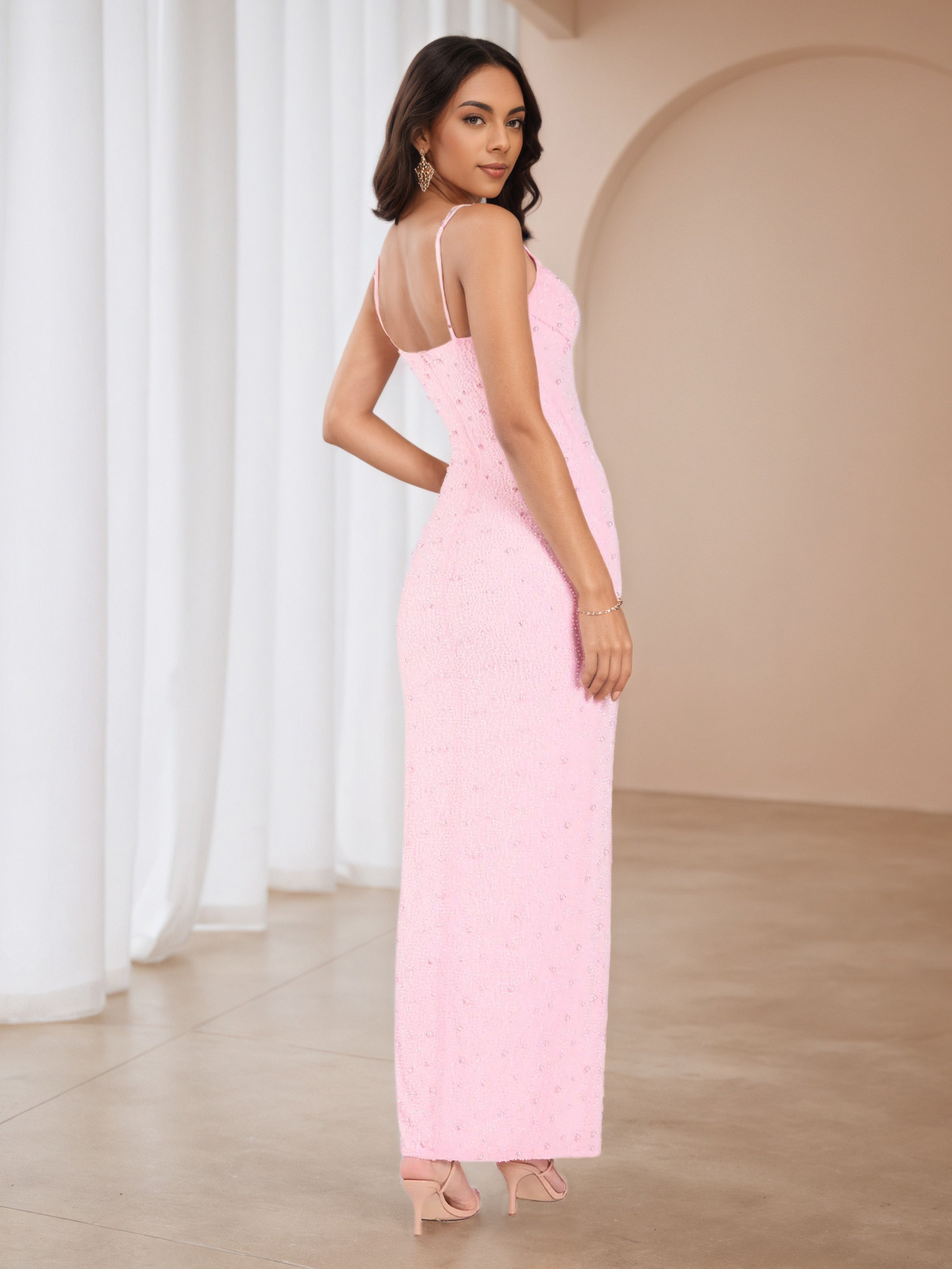 Spaghetti Straps Candy Pink Wedding Guest Dress with Pearl