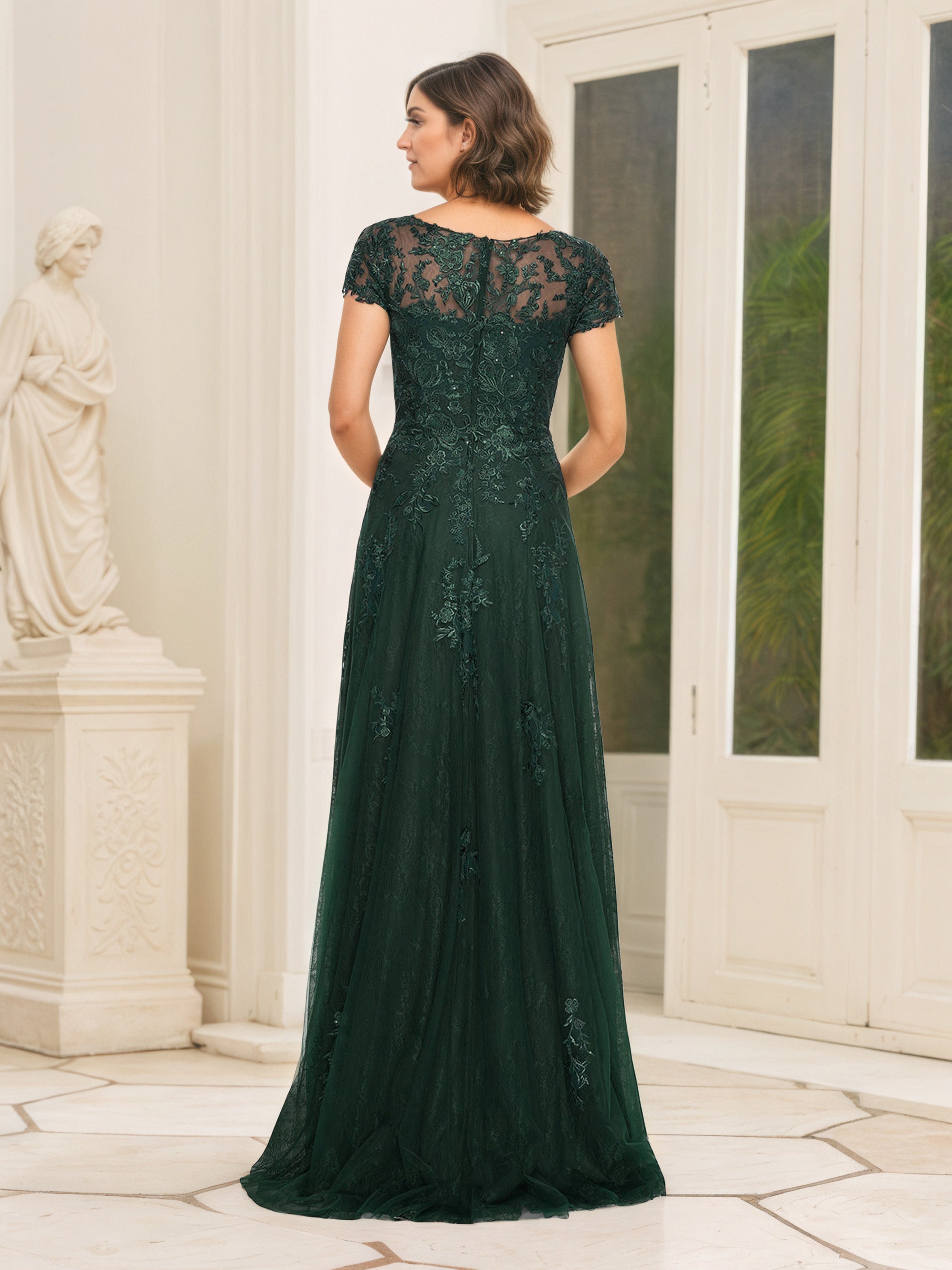 Dark Green Lace Short Sleeves V-Neck Mother Of The Bride Dress