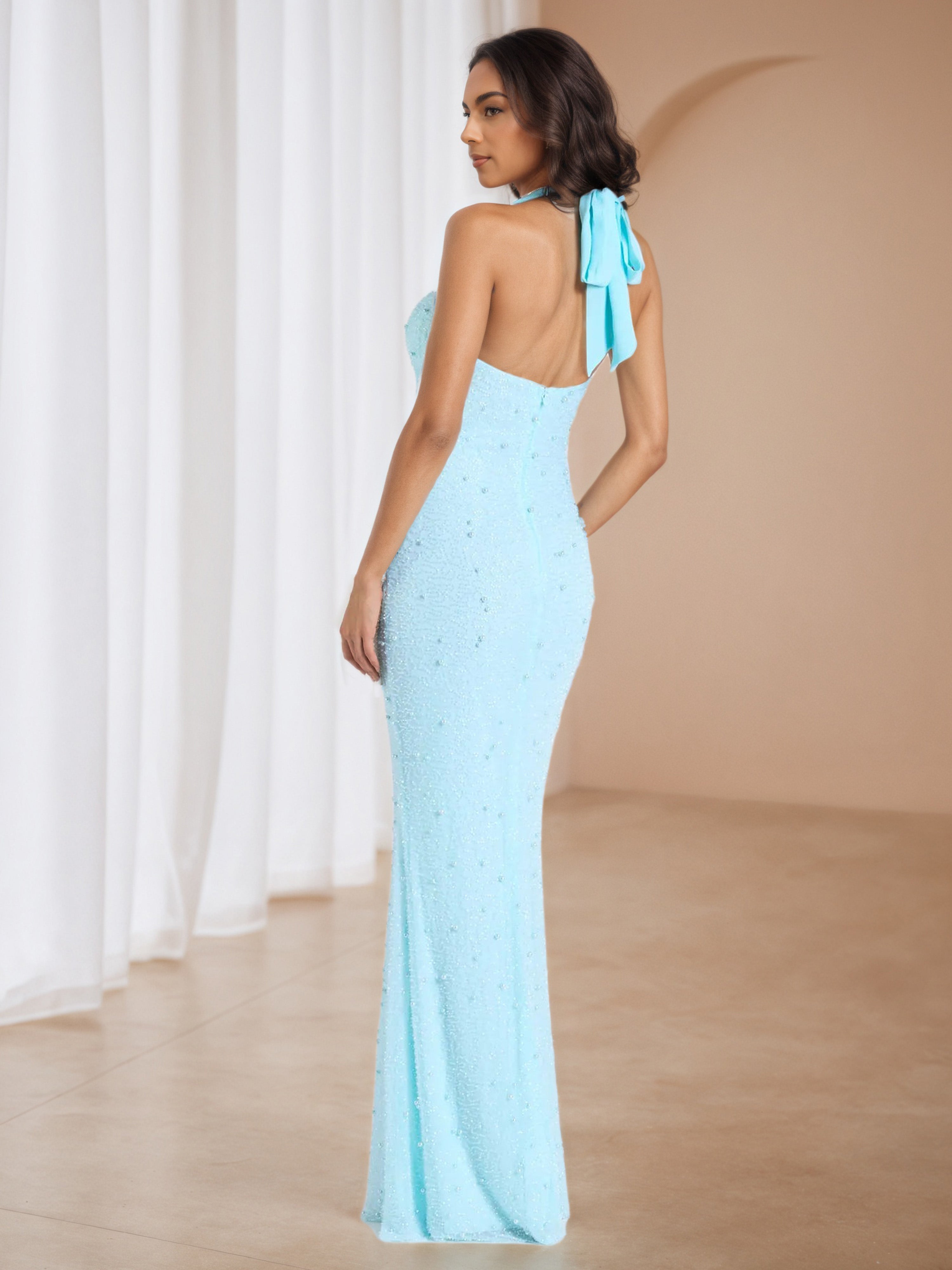 Sky Blue Halter Sheath/Column Wedding Guest Dress