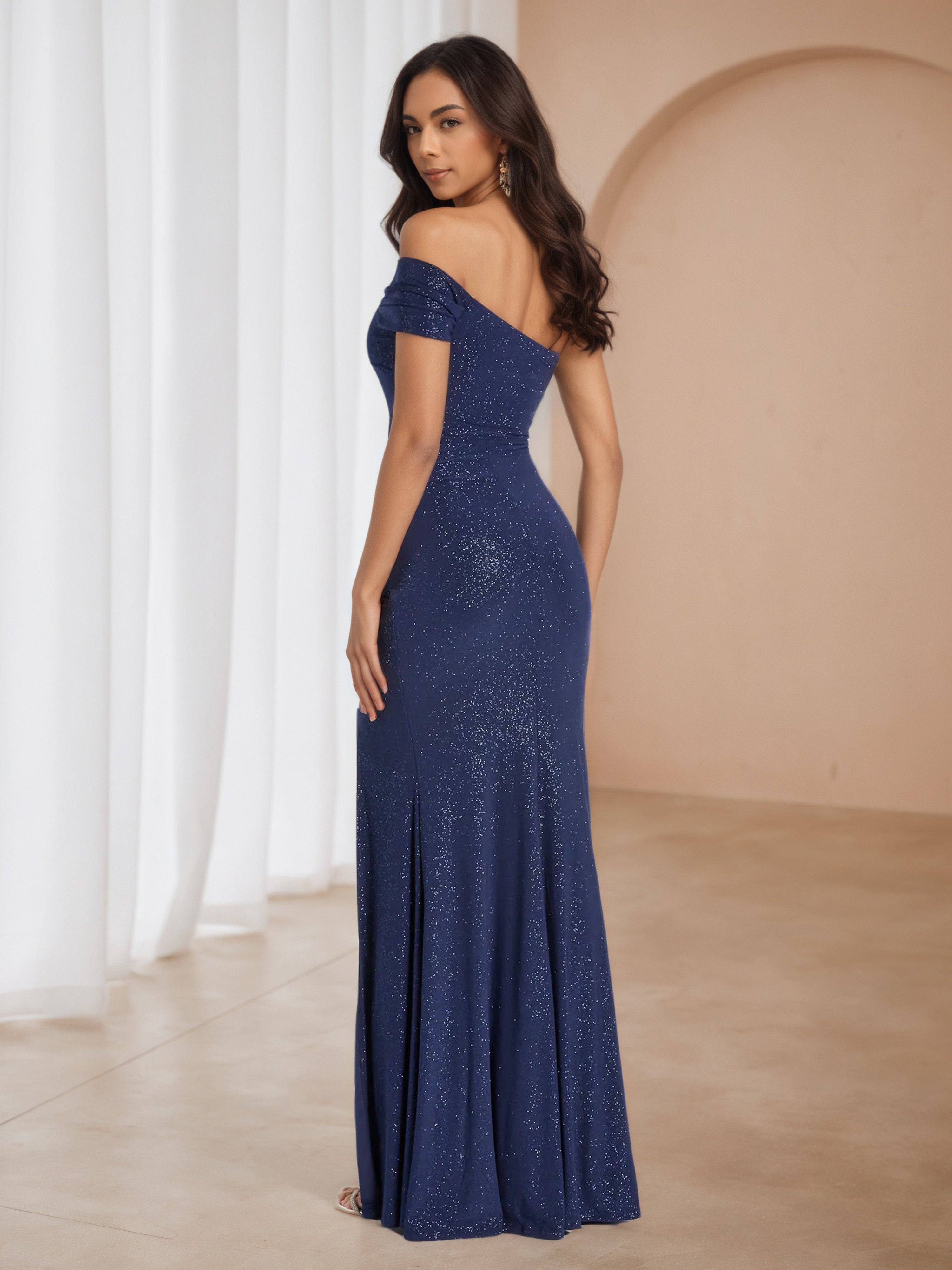 Glitter One-Shoulder Dark Navy Formal Wedding Guest Dress