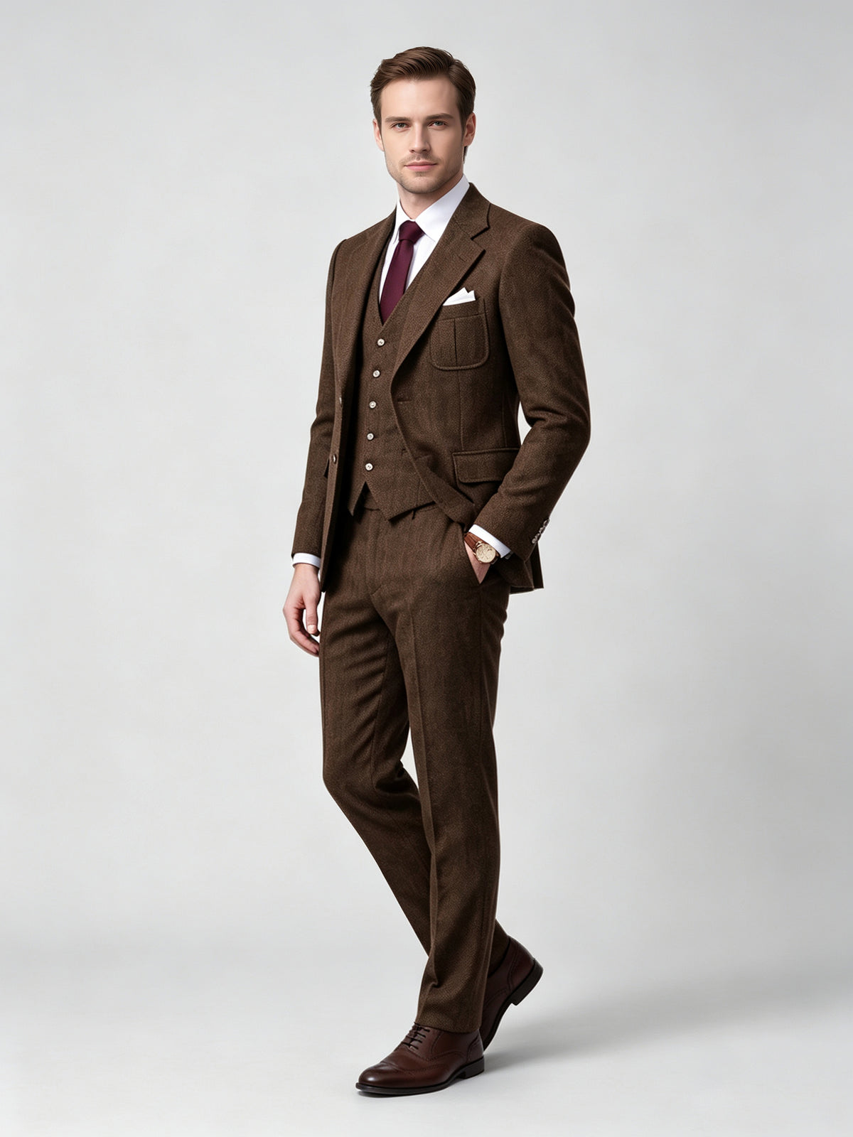 Cicinia Single Breasted Jacket Vest Pleated Trousers 3 Pieces Herringbone Tweed Suit Notch Lapel Men's Suits