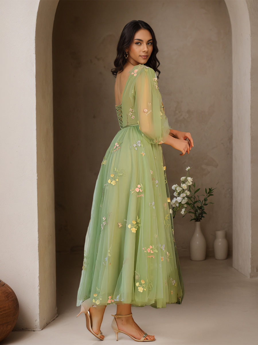 Cicinia Dusty Sage Prom Dresses Long Tulle A-line V-neck Ankle Length Lace Dress