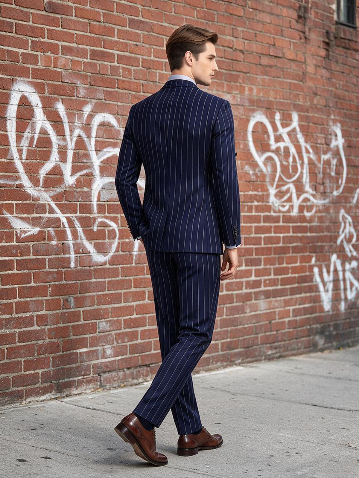 Cicinia Vertical Striped Double Breasted Peak Lapel 2 Pieces Slim Fit Navy Blue Men's Suits