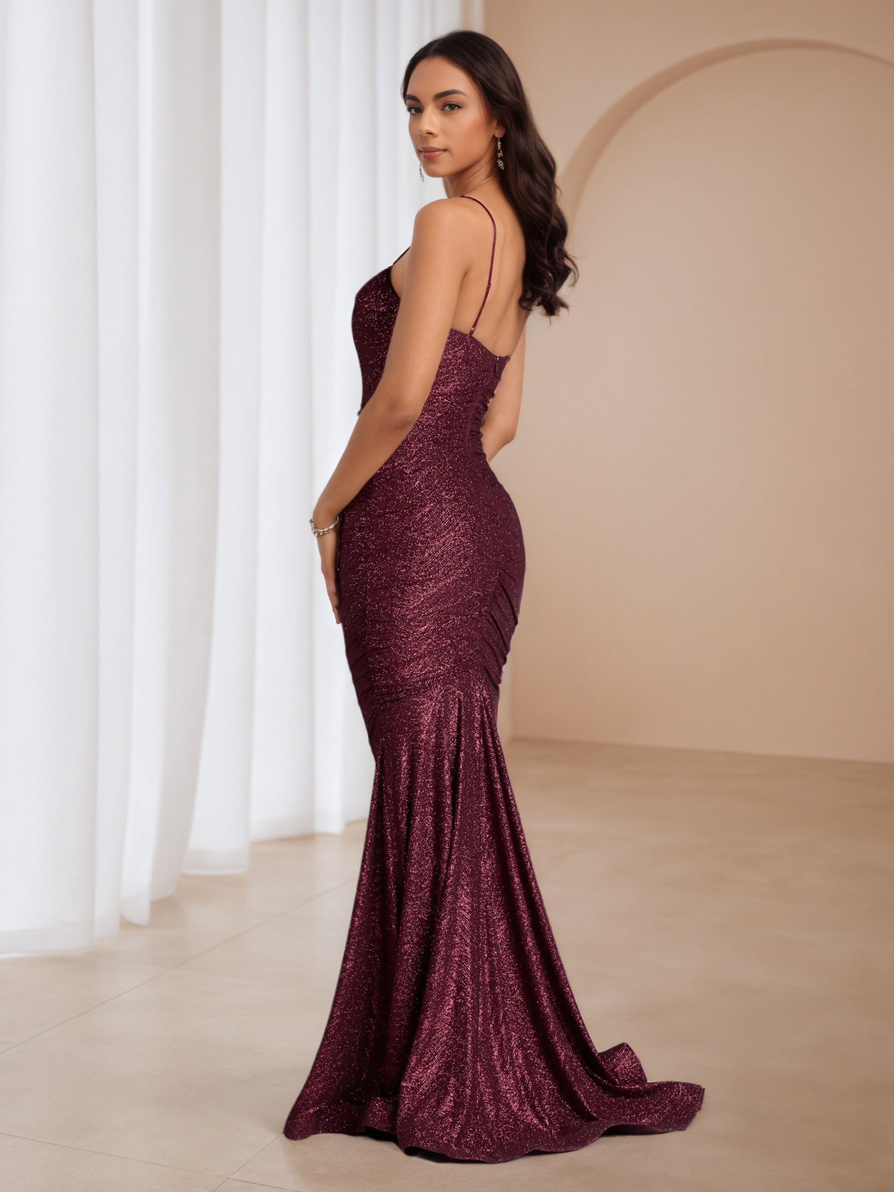 Glitter Cabernet Spaghetti Straps V-Neck Wedding Guest Dress