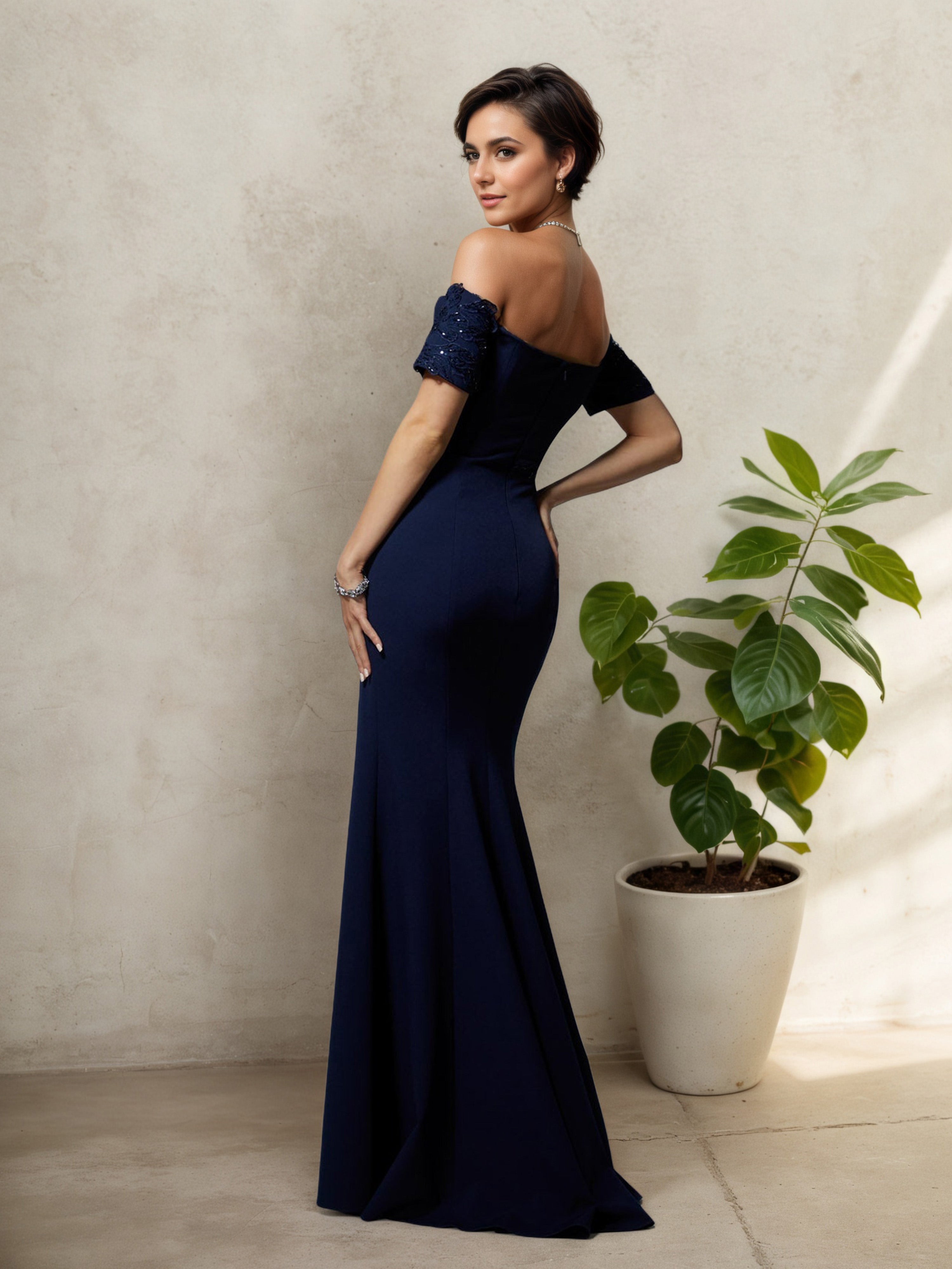 Off The Shoulder Illusion Strapless Dark Navy Blue Mother Of The Bride Dress