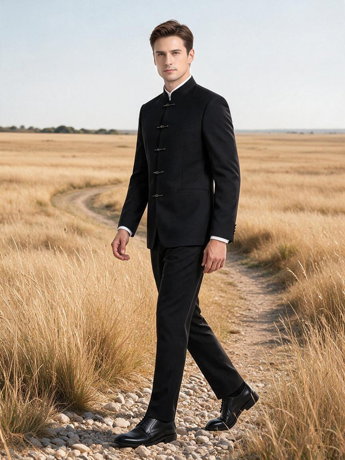 Cicinia Black Men's Suits 2 Pieces Mandarin Collar Frog Button Slim Fit Suit