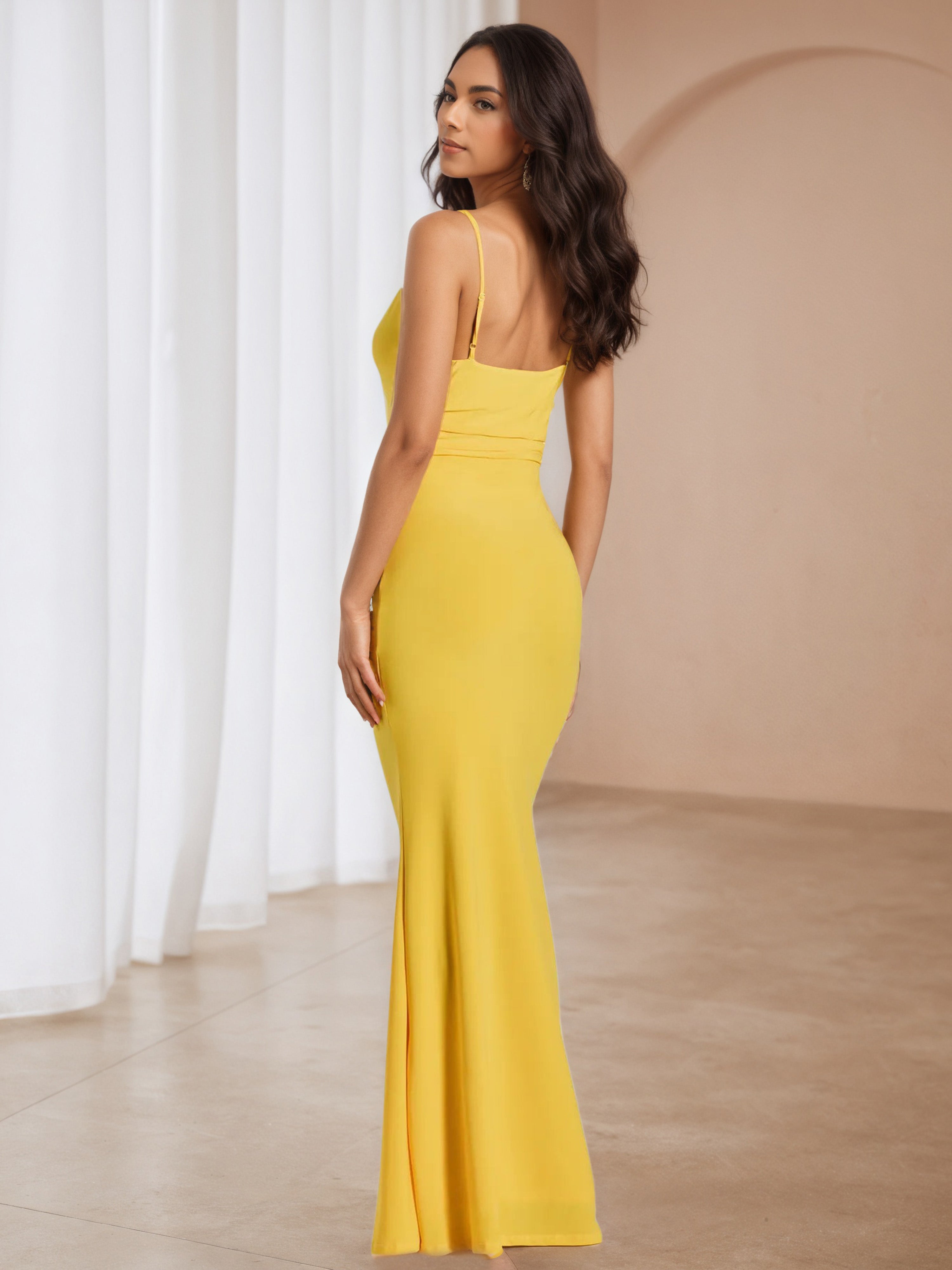 Trumpet/Mermaid Spaghetti Straps Yellow Wedding Guest Dress