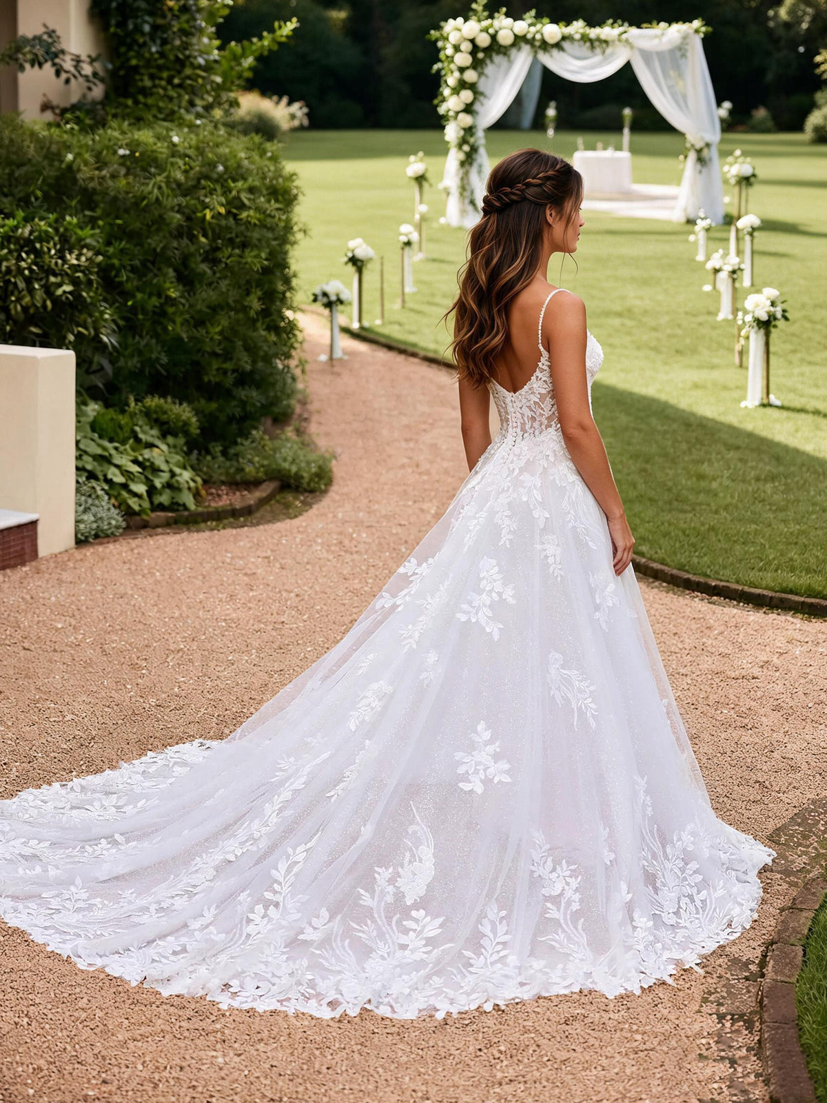 Cicinia Spaghetti Straps White Wedding Dresses Long Lace A-line Elegant Bridal Gowns