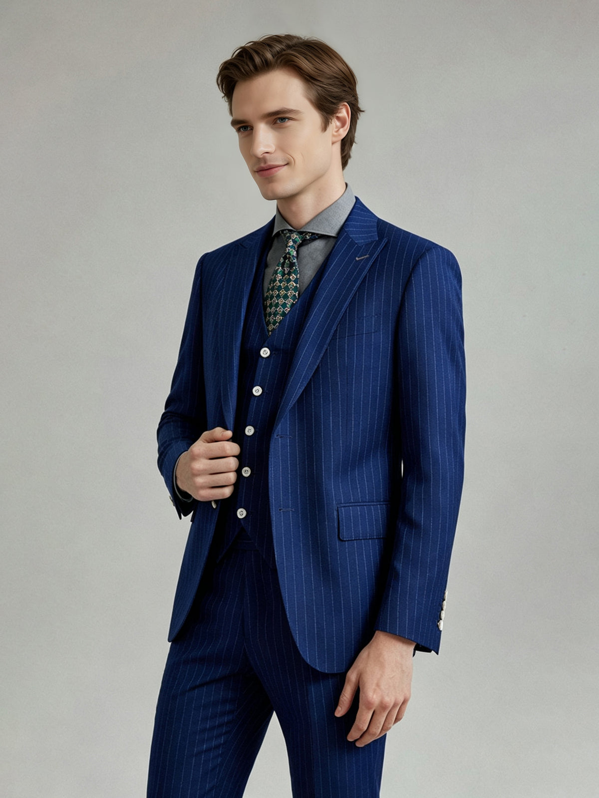 Cicinia Navy Blue Men's Suits Pinstripe 3 Piece Suit Notch Lapel Double Breasted Jacket Vest Straight Trousers