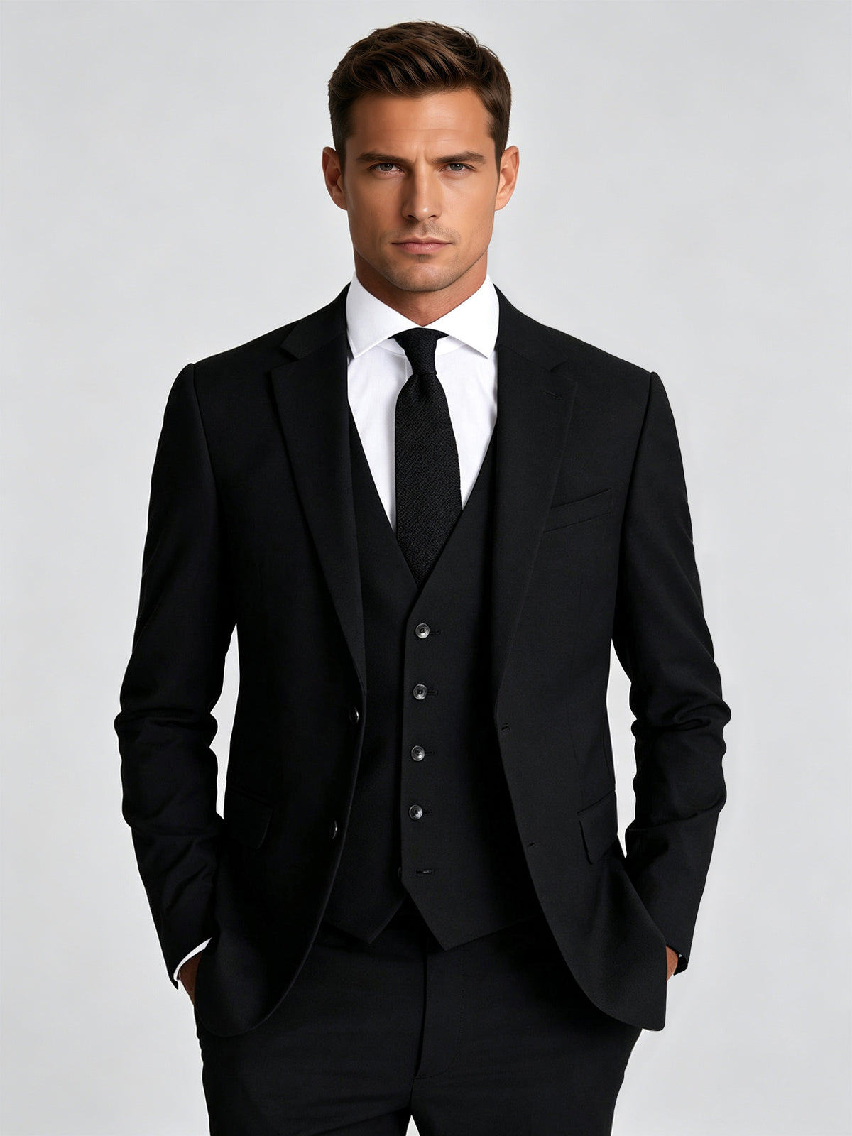 Cicinia 3 Pieces Black Men's Suits Notch Lapel Single Breasted Jacket V Neck Waistcoat Suit