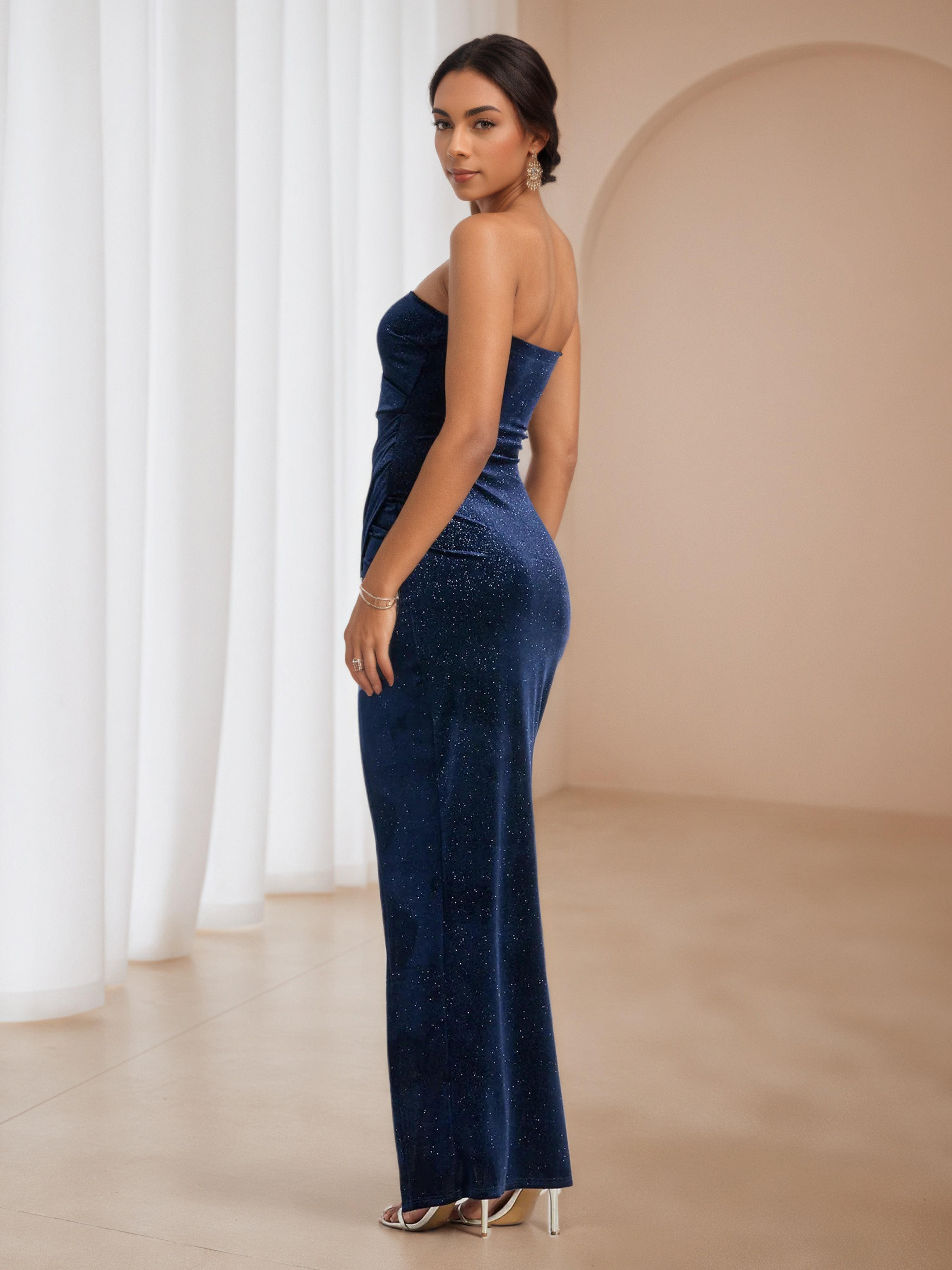 Navy Blue Strapless Trumpet/Mermaid Split Wedding Guest Dress