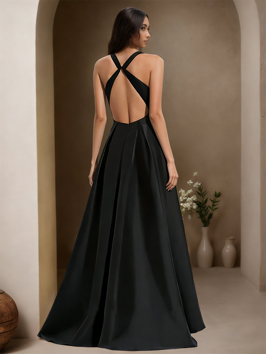 Cicinia Black Prom Dresses Long Satin A-line Floor Length High Low Hemline Deep V-neck