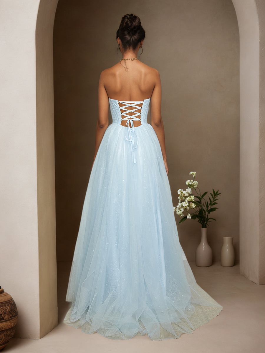 Cicinia Sky Blue Prom Dresses Long Tulle A-line Strapless Sweep Train Evening Gowns