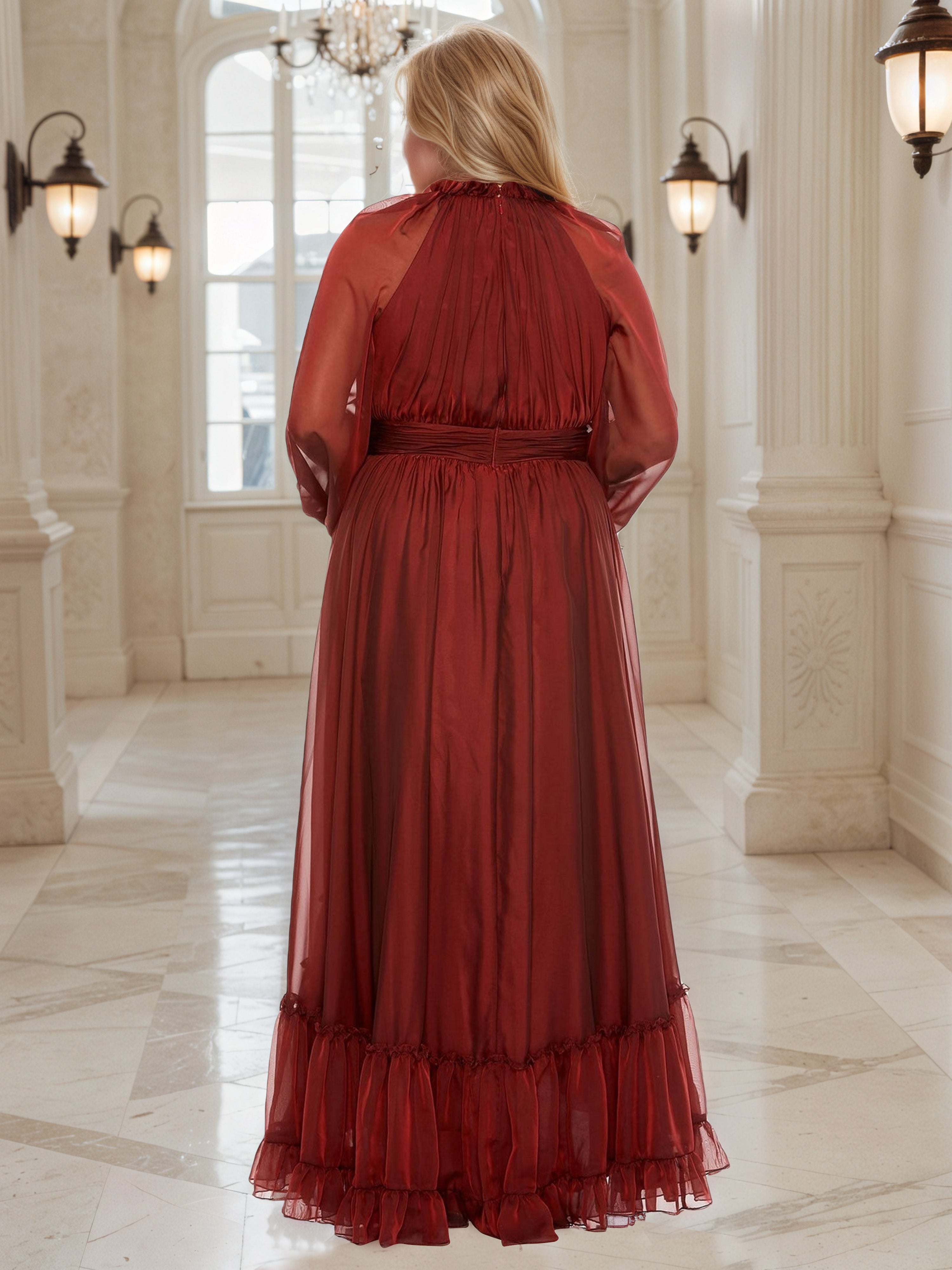 High Low Rust Ruffles Plus Size Prom Dress With Long Sleeves