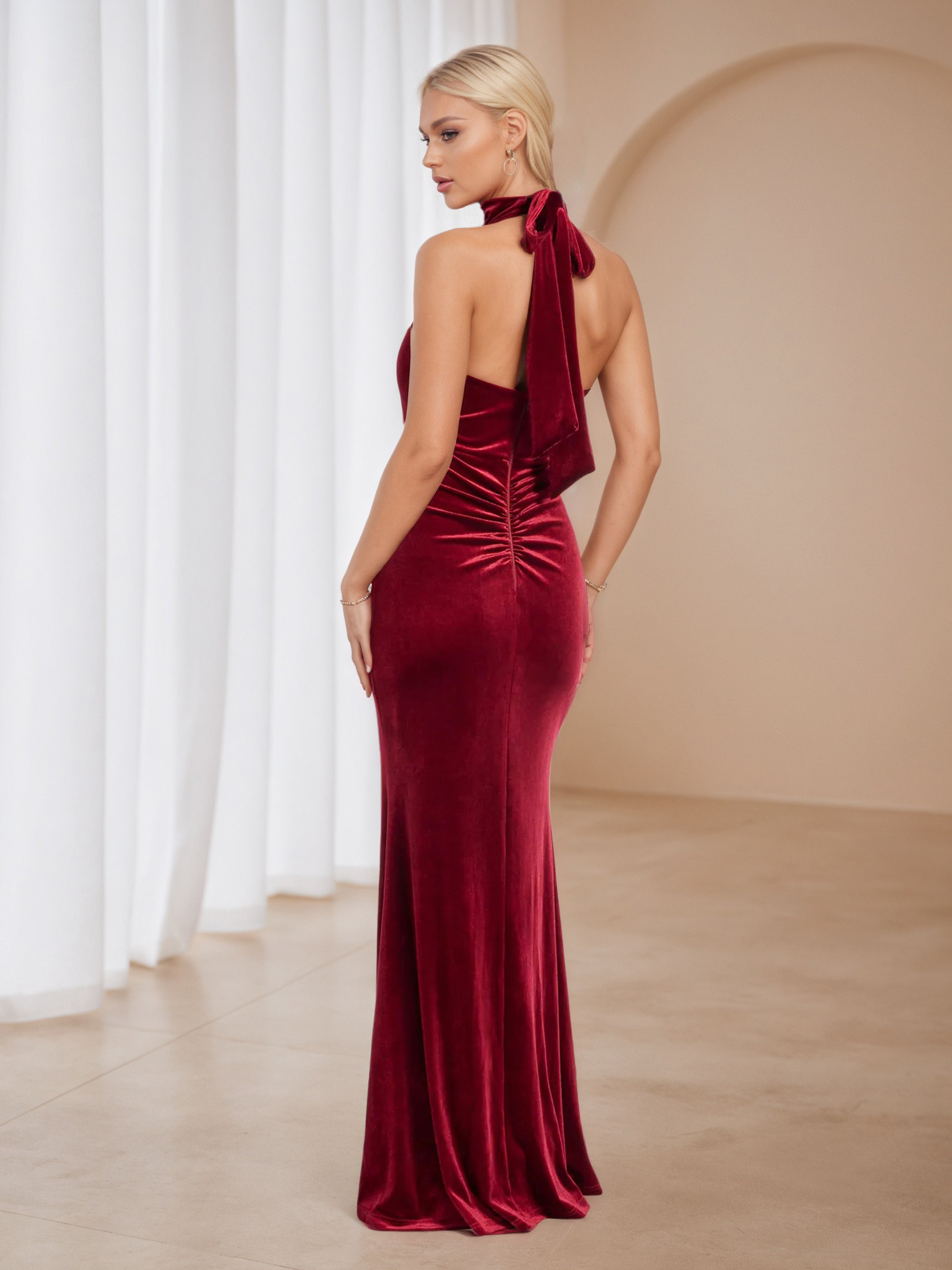 Burgundy Velvet Cold Shoulder Trumpet/Mermaid Wedding Guest Dress