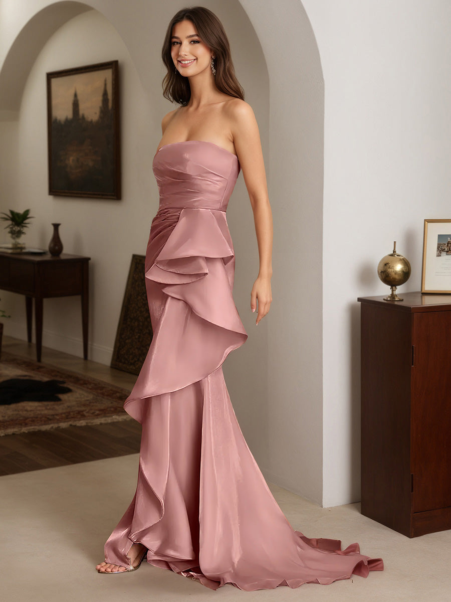 Cicinia Cameo Brown Prom Dresses Long Strapless Sheath Slit Party Dress