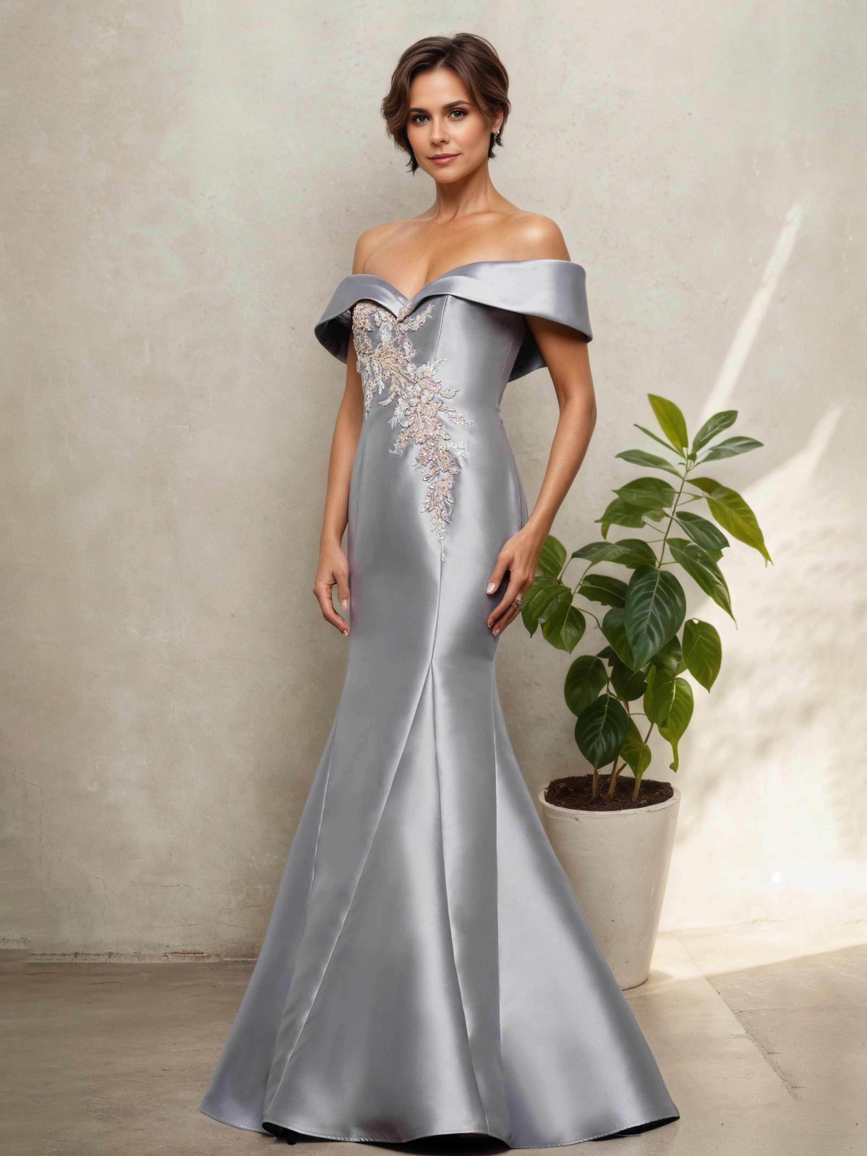 Off The Shoulder Silver Trumpet/Mermaid Mother Of The Bride Dress
