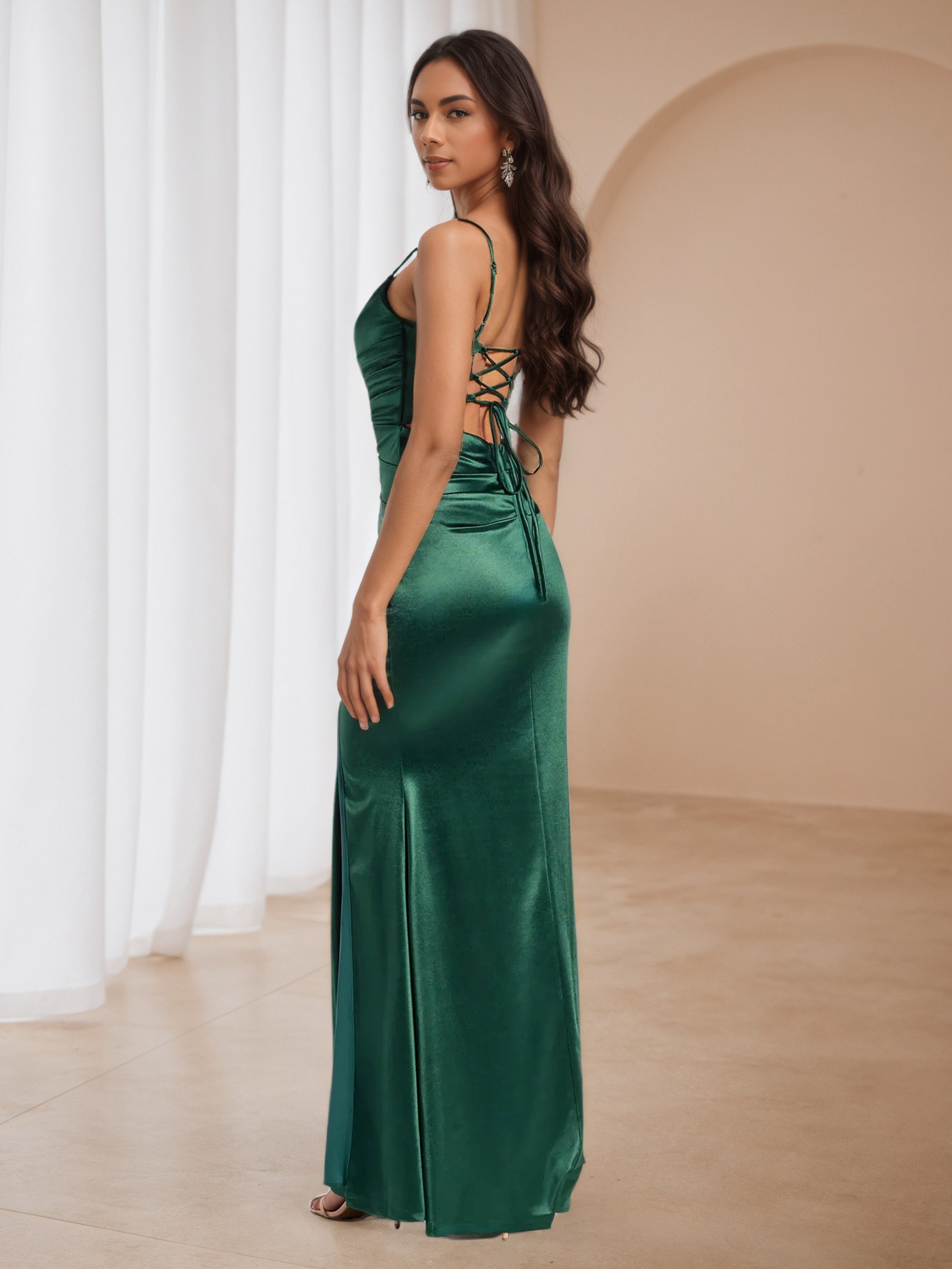 Sheath/Column Dark Green V-Neck Long Wedding Guest Dress