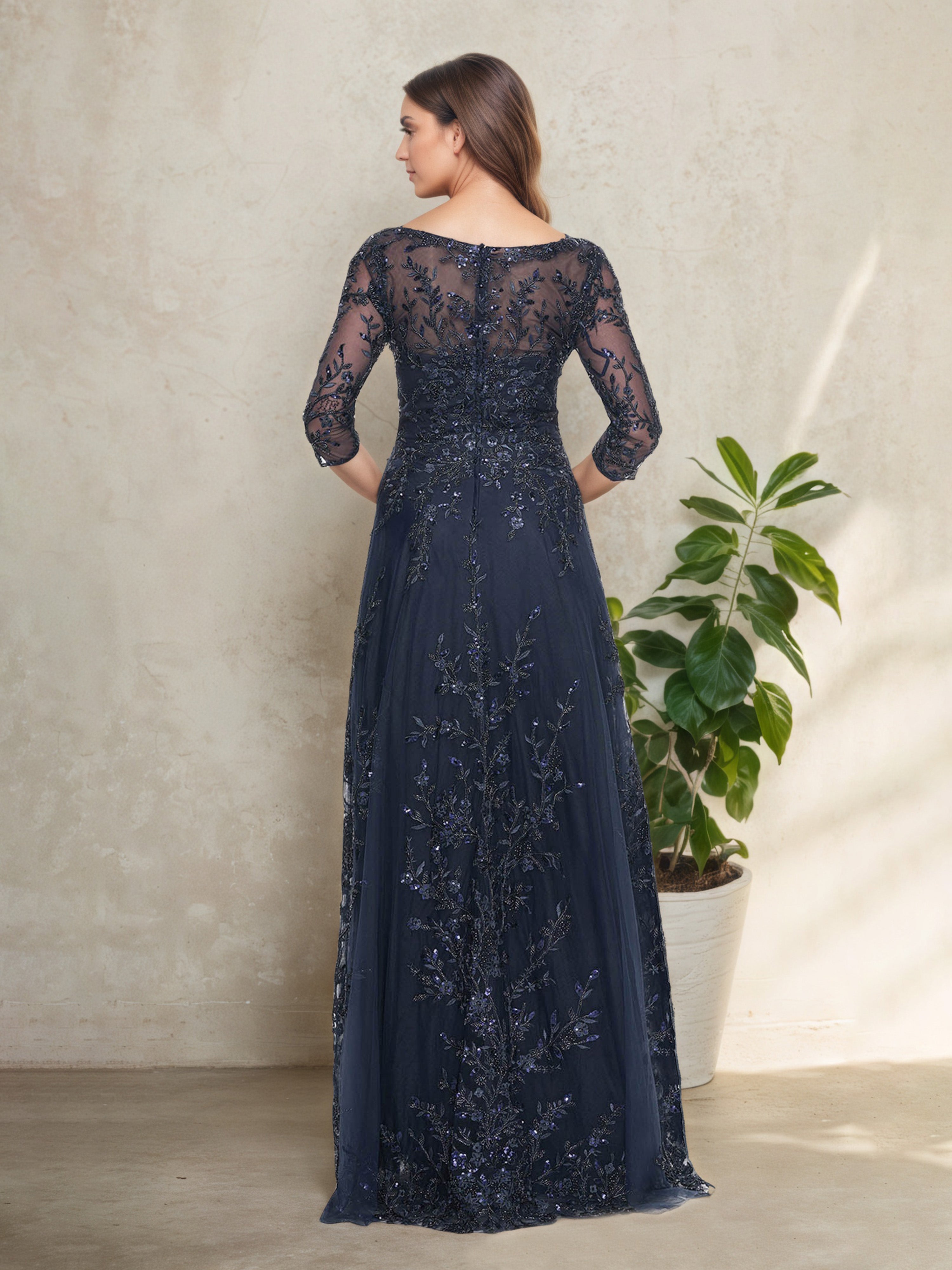 V-Neck Elegant Lace 3/4 Sleeves Floor Length A-Line Mother Of The Bride Dress