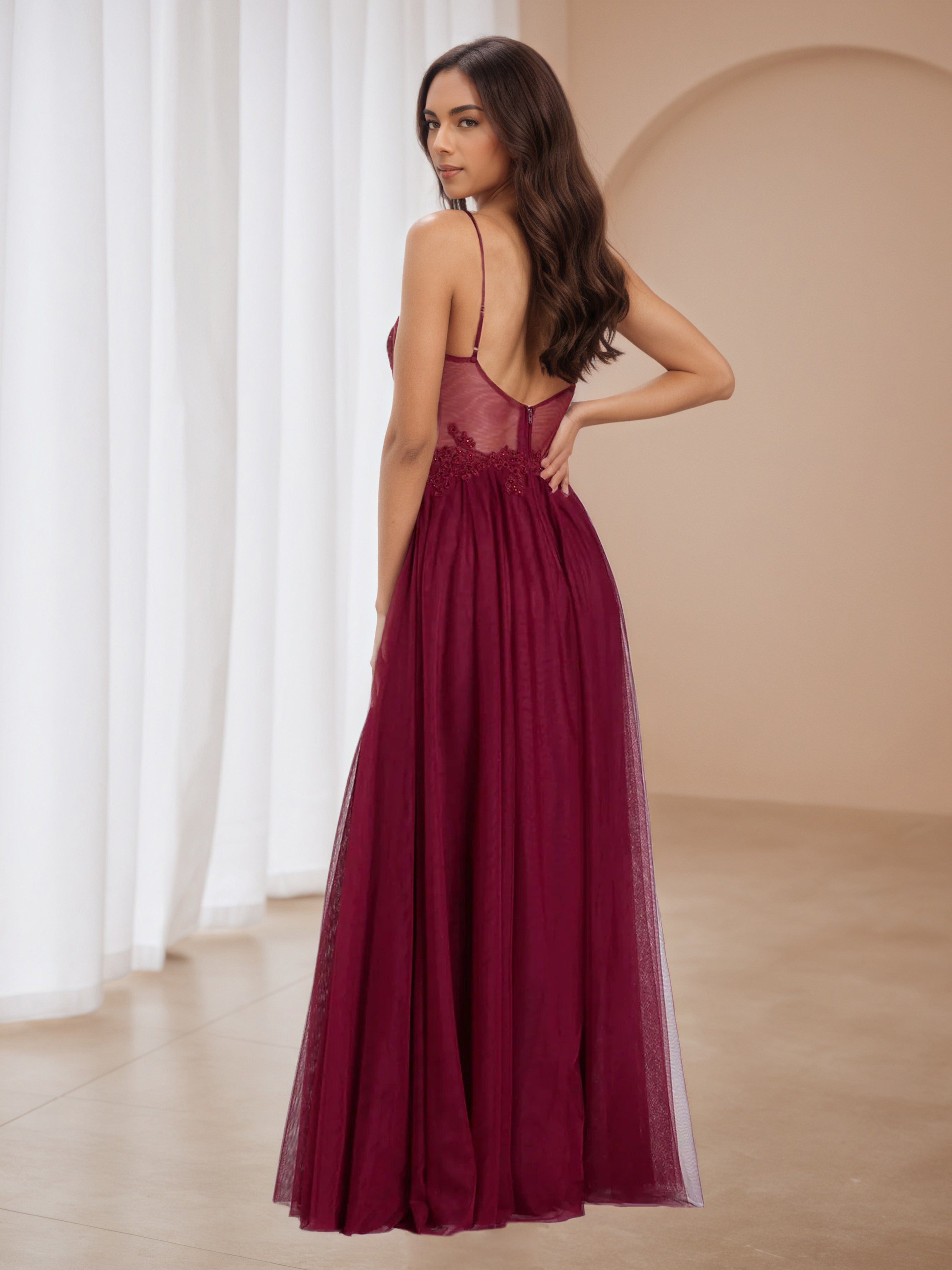 A-Line Cinnamon Rose Tulle V-Neck Wedding Guest Dress