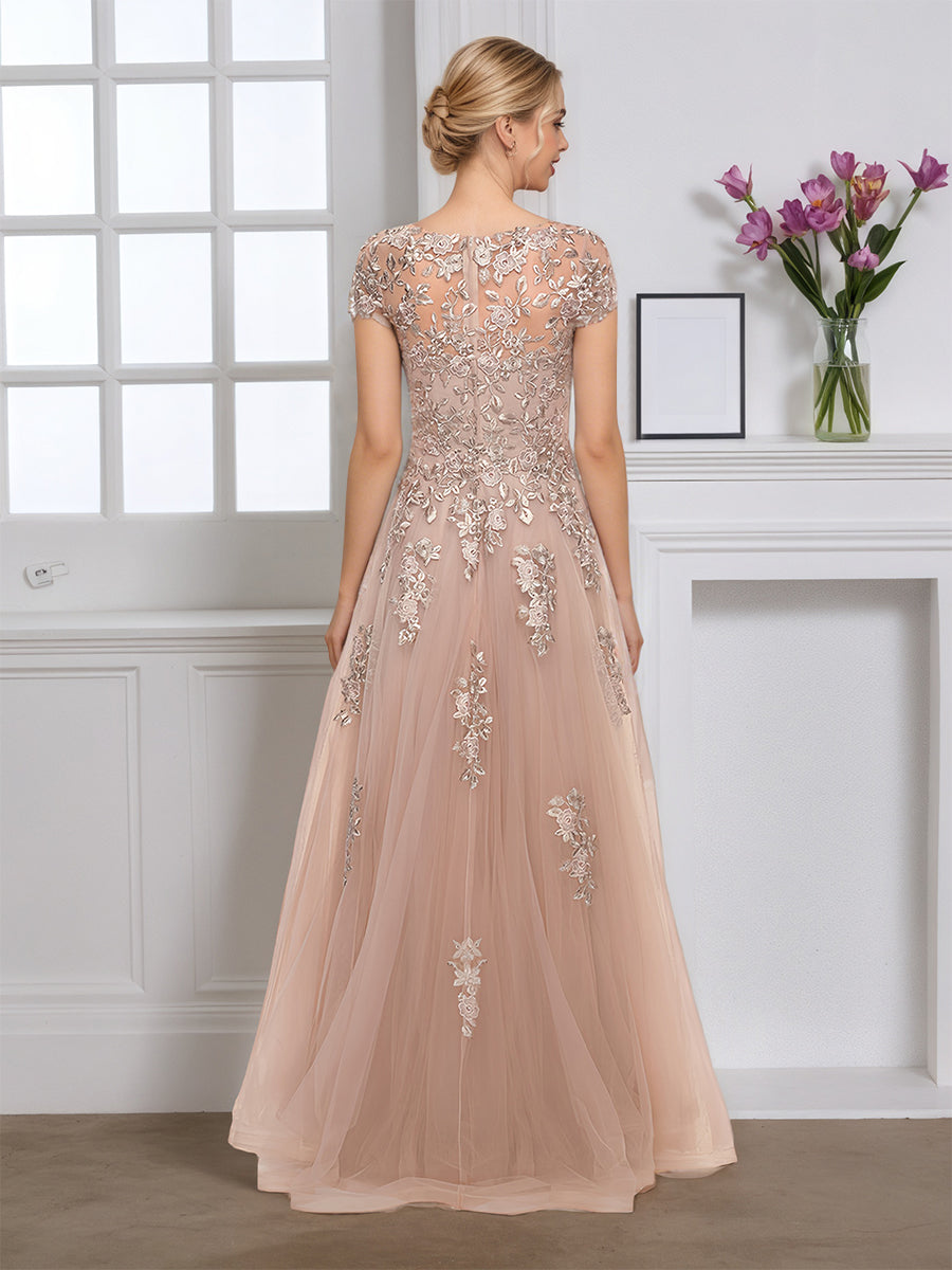 Cicinia Taupe Mother Of The Bride Dress Long Tulle Appliques Lace Cap Sleeves