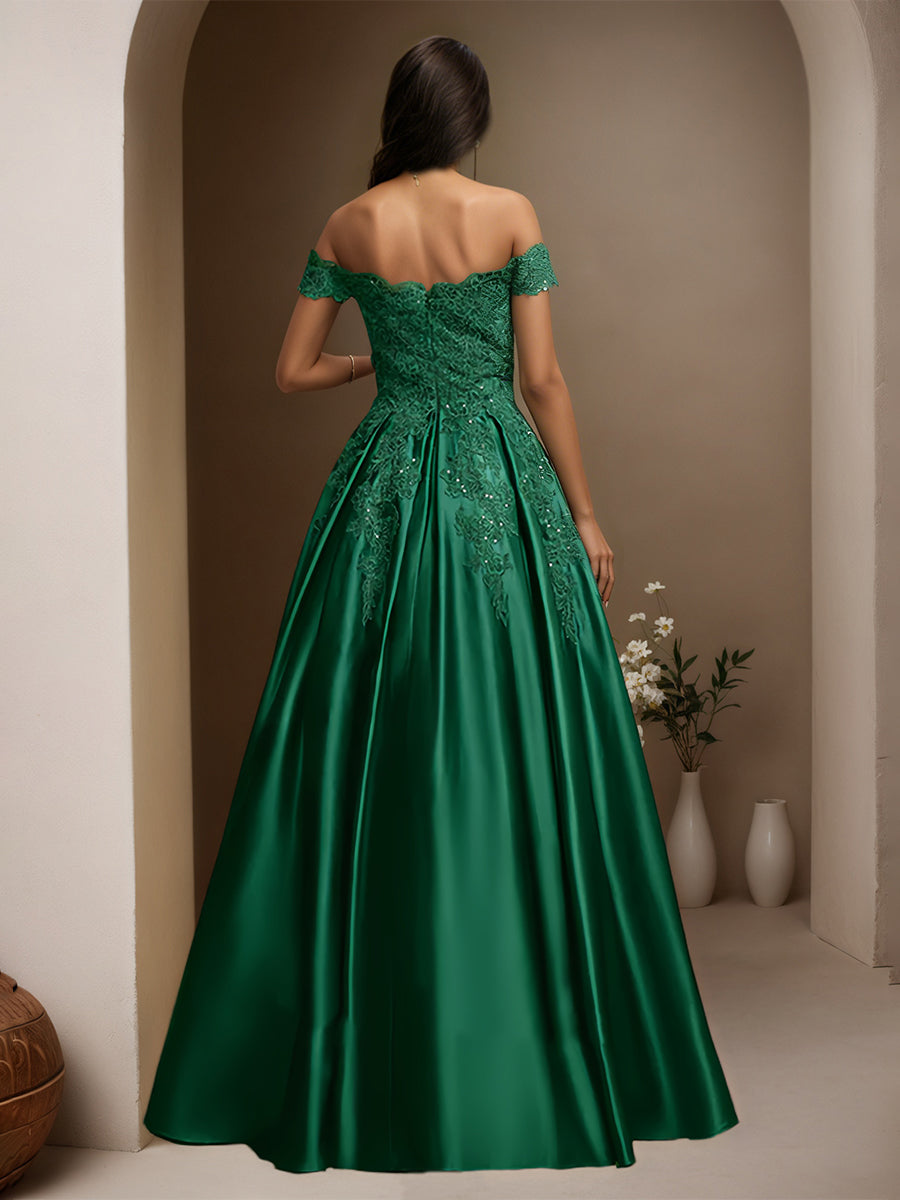 Cicinia Dark Green Prom Dresses Long Satin Appliques Lace A-line Off The Shoulder Floor Length Gowns