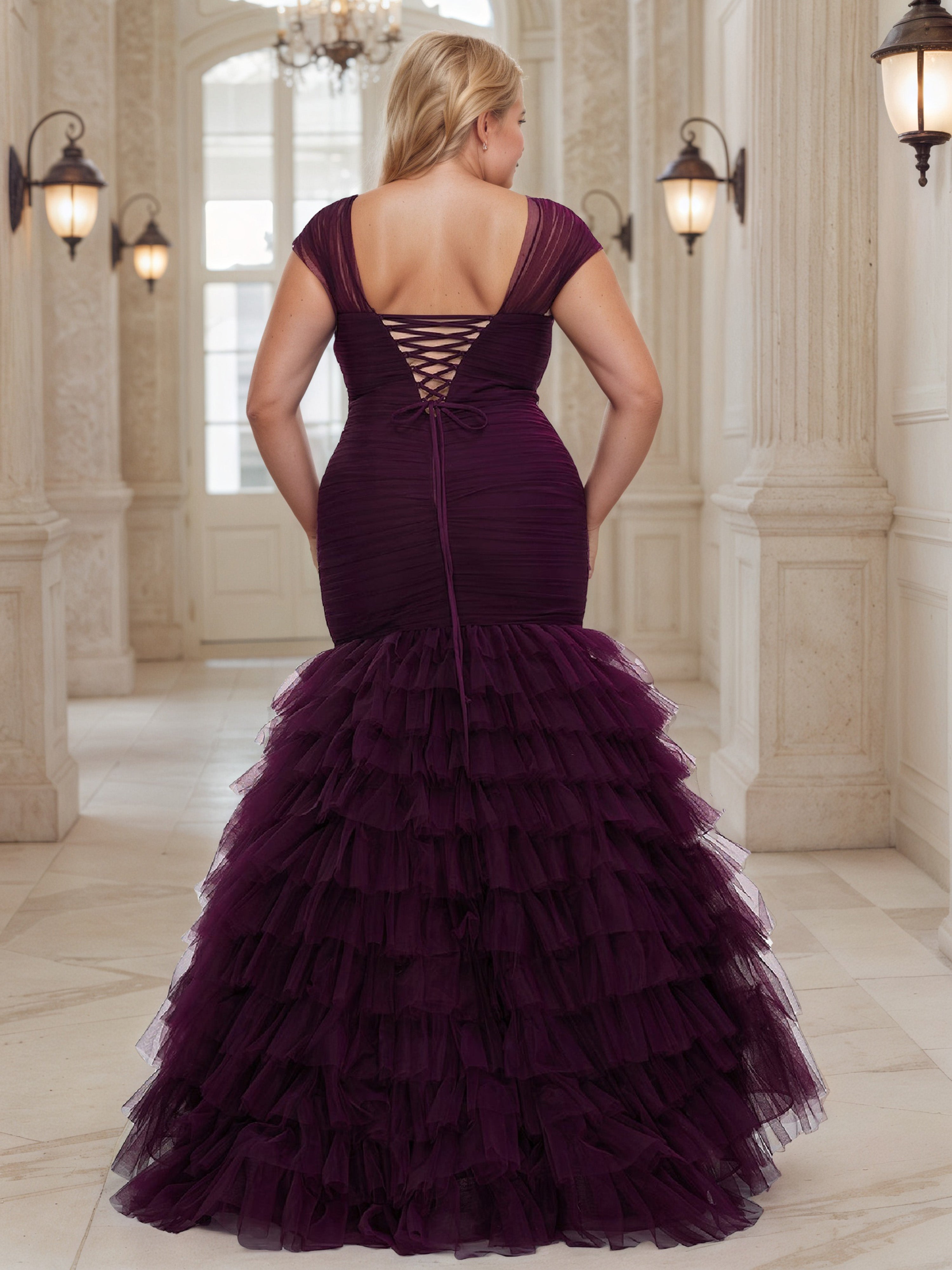 Pretty Mermaid Long Grape Layers Tulle Plus Size Prom Dress