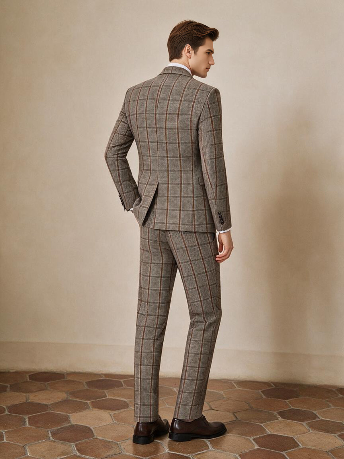 Cicinia Men's Khaki Plaid 2 Piece Suits Slim Fit Notch Lapel Vintage Wedding Suit