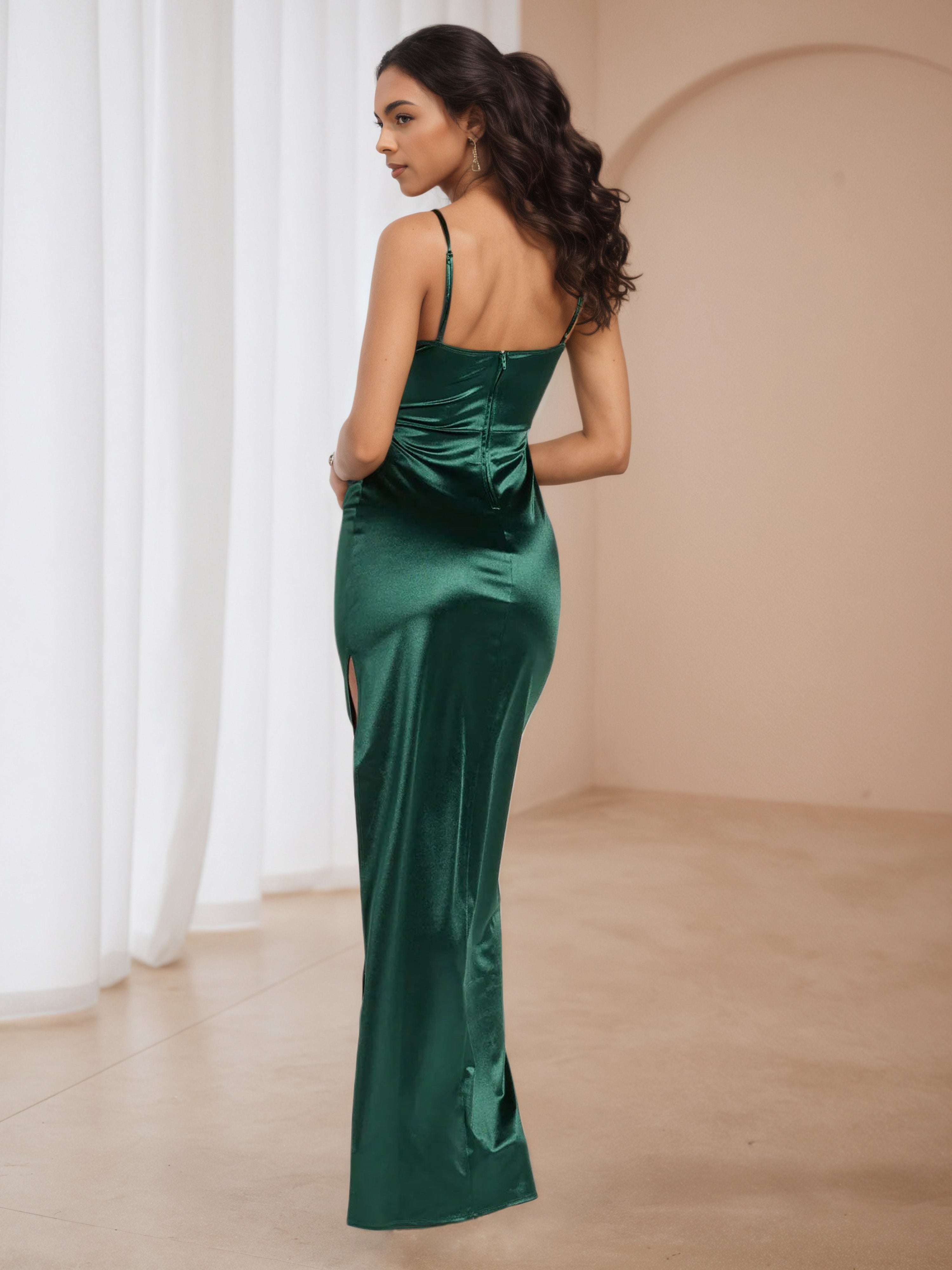 Dark Green Sweetheart Spaghetti Straps Wedding Guest Dress with Split