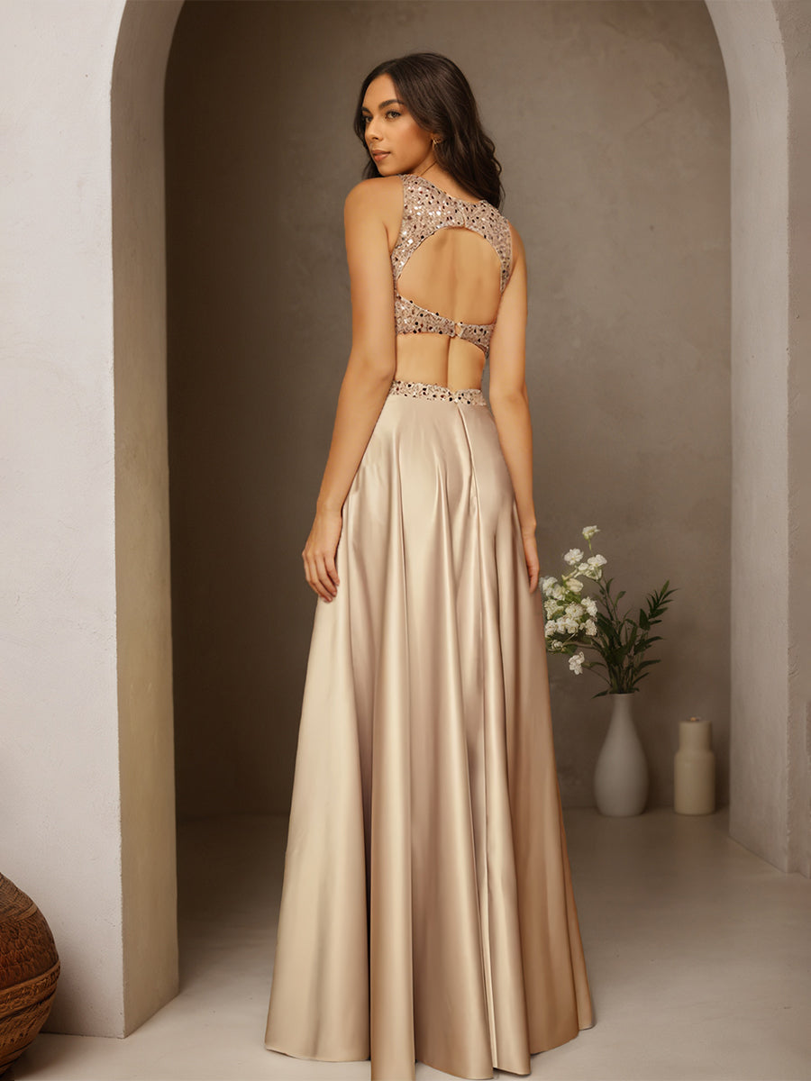 Cicinia Champagne Prom Dresses Long Sequins Satin A-line 2 Pieces Floor Length