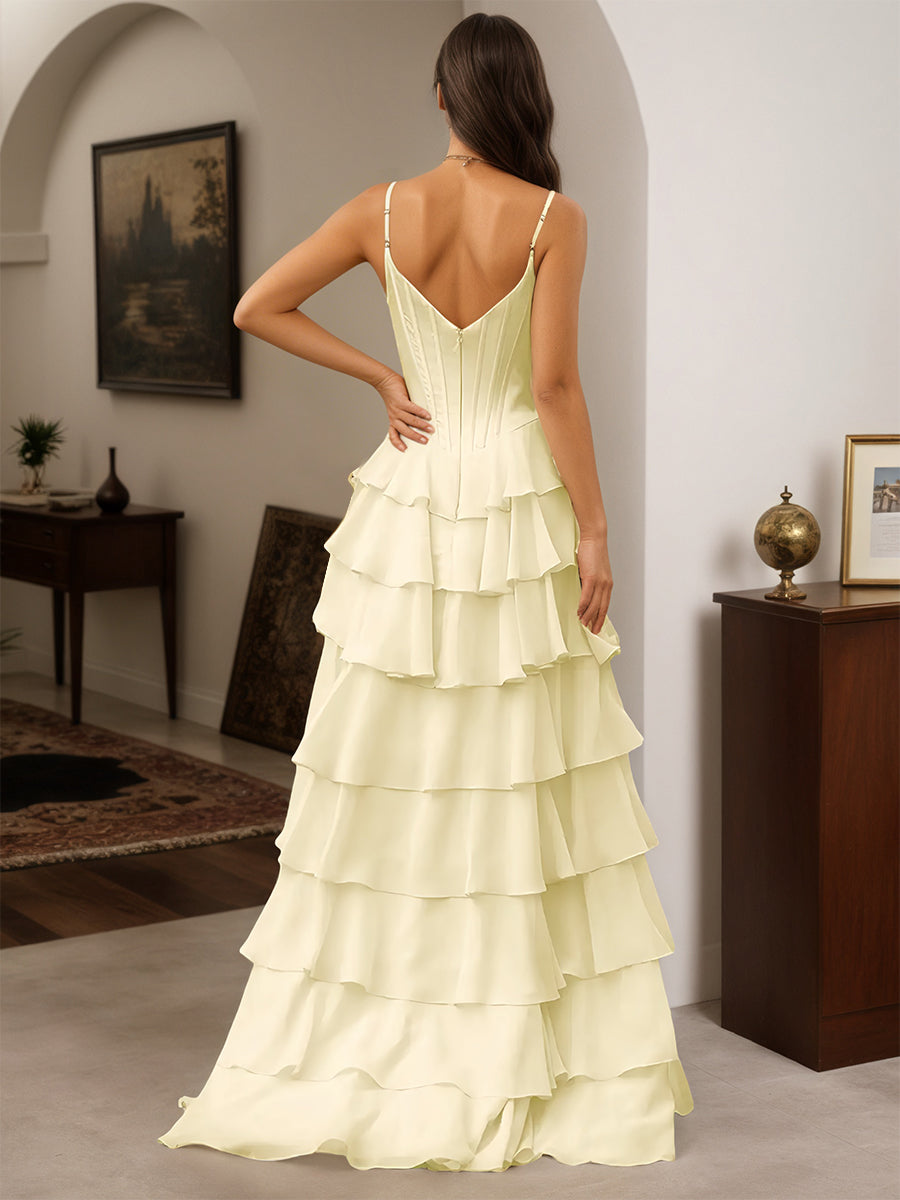 Cicinia Daffodil Prom Dresses Long Spaghetti Straps A-line Floor Length Slit Layered