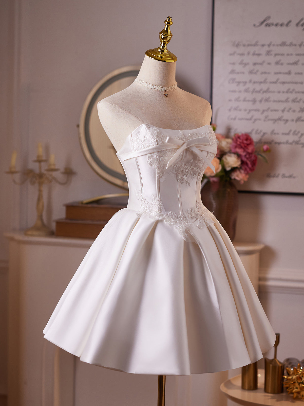 Cicinia Simple Appliques Lace Satin A-line White Wedding Dresses Short Mini Length Pleated Dress