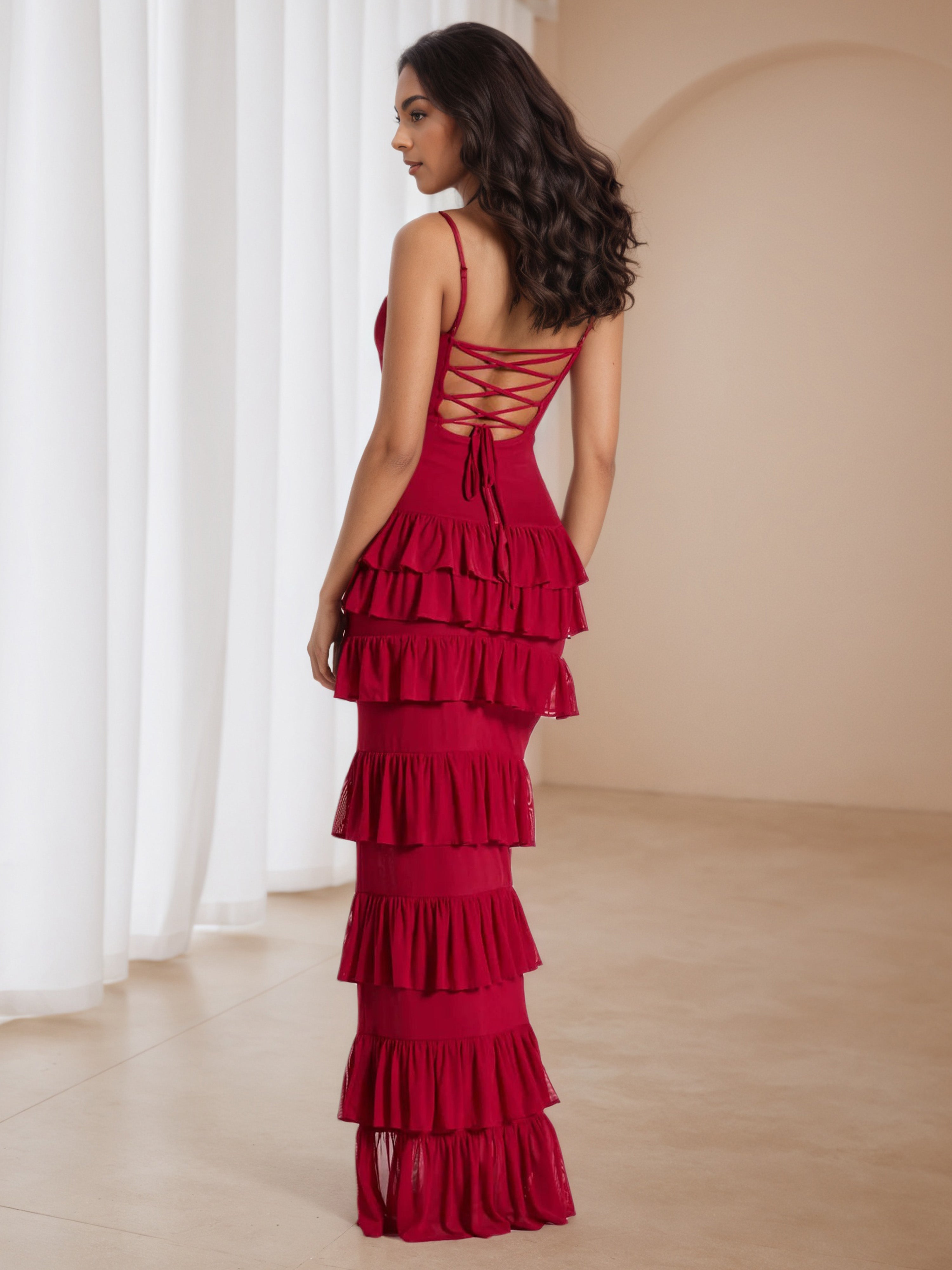 Burgundy Elegant Cutout Layered Ruffle High Split Wedding Guest Dress