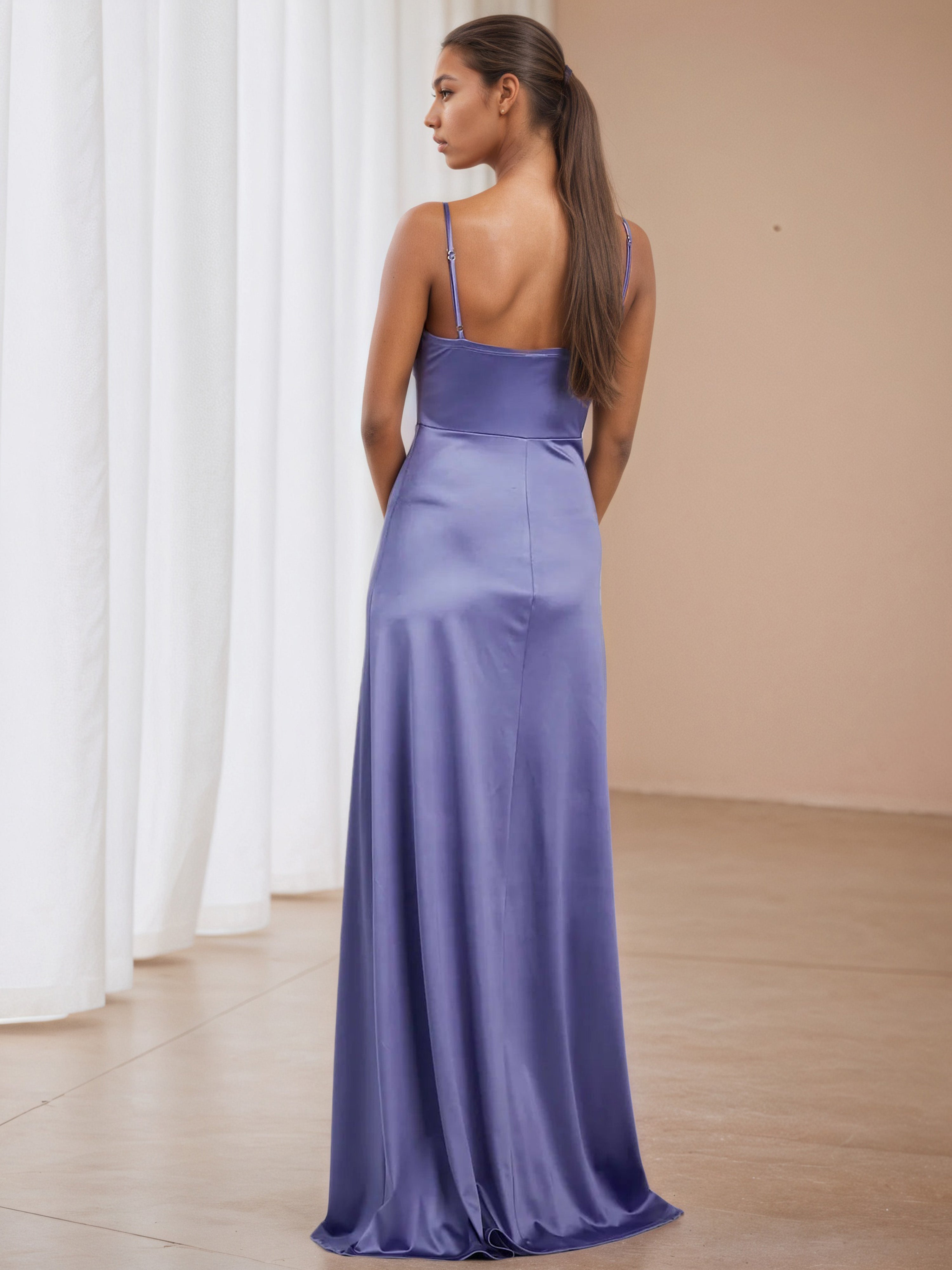 Tahiti Spaghetti Straps V-Neck Wedding Guest Dress with Split