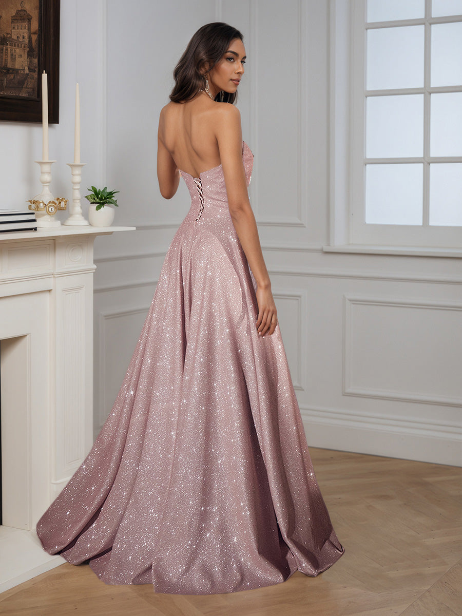 Graceful Strapless A-line Slit Long Floor Length Prom Dress