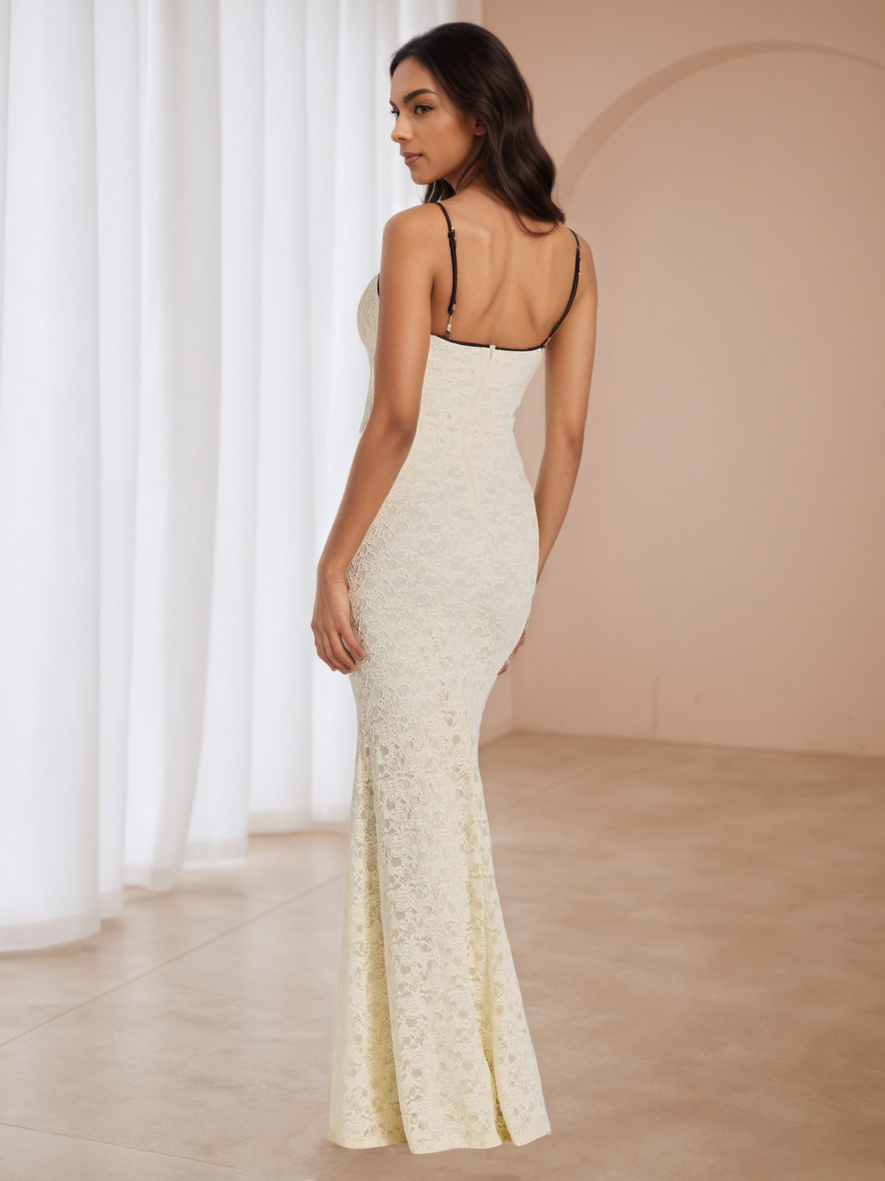 Illusion Neckline Ivory Lace Spaghetti Straps Wedding Guest Dress