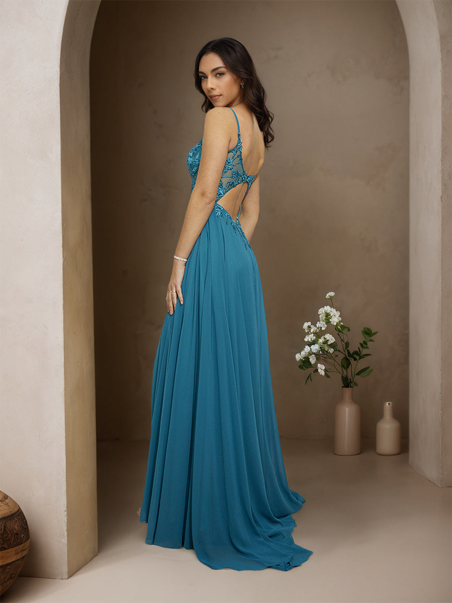 Cicinia Ink Blue Prom Dresses Long Chiffon A-line Appliques Lace Sweep Train Party Dress