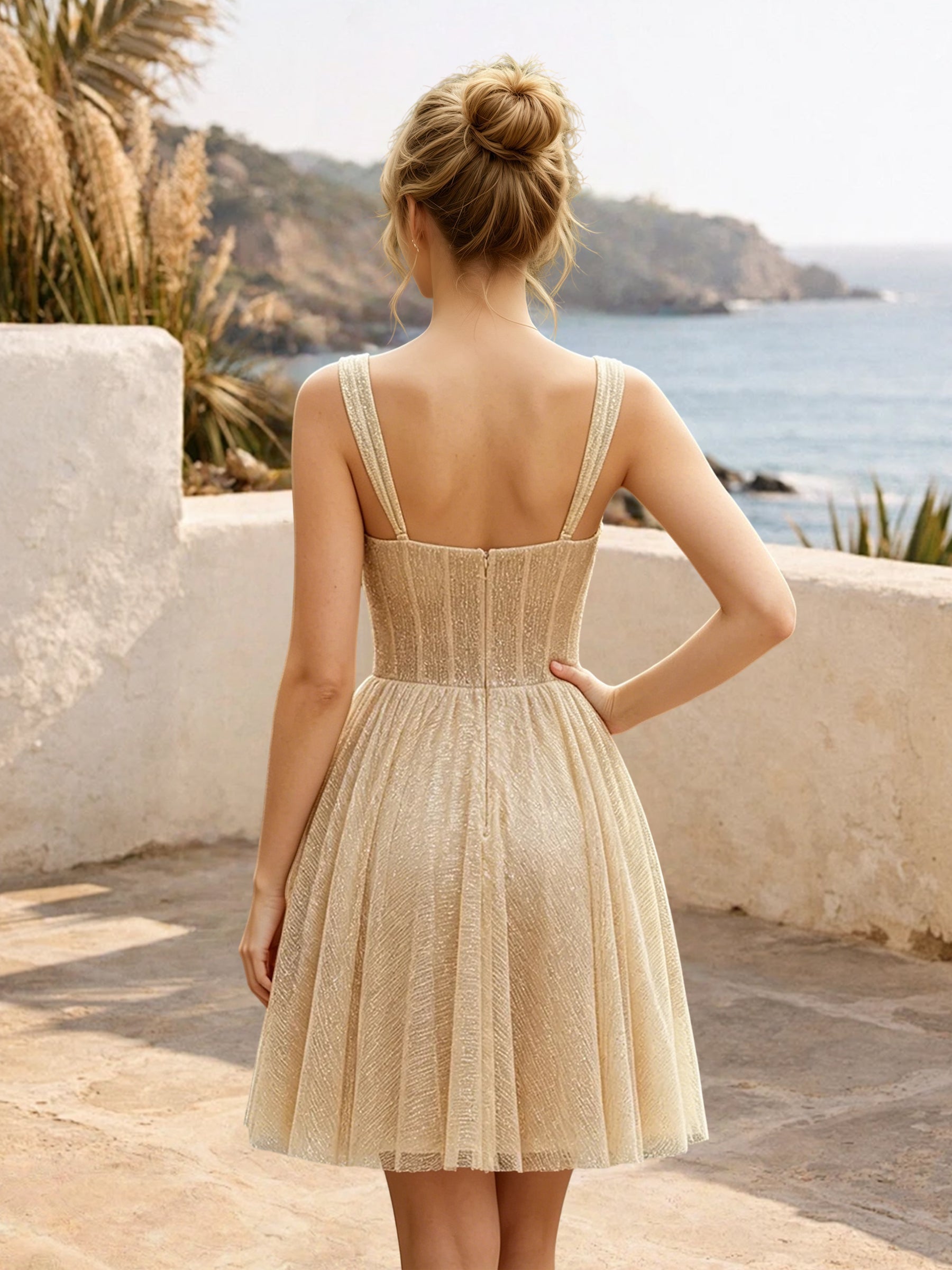Cicinia Champagne Homecoming Dresses Short Tulle A-line Beaded Mini Length