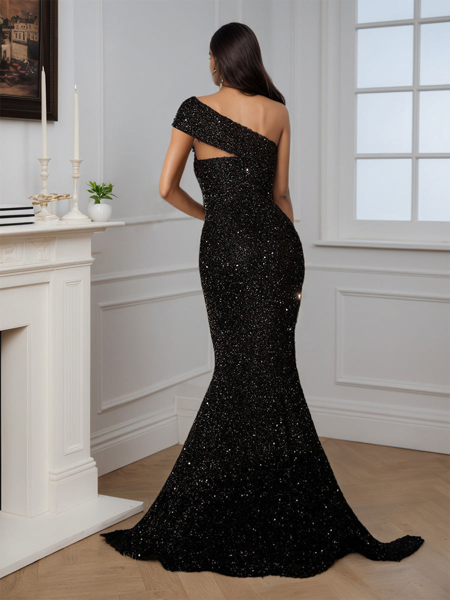 Cicinia Black Prom Dress Long Sequins Mermaid One Shoulder Evening Gown