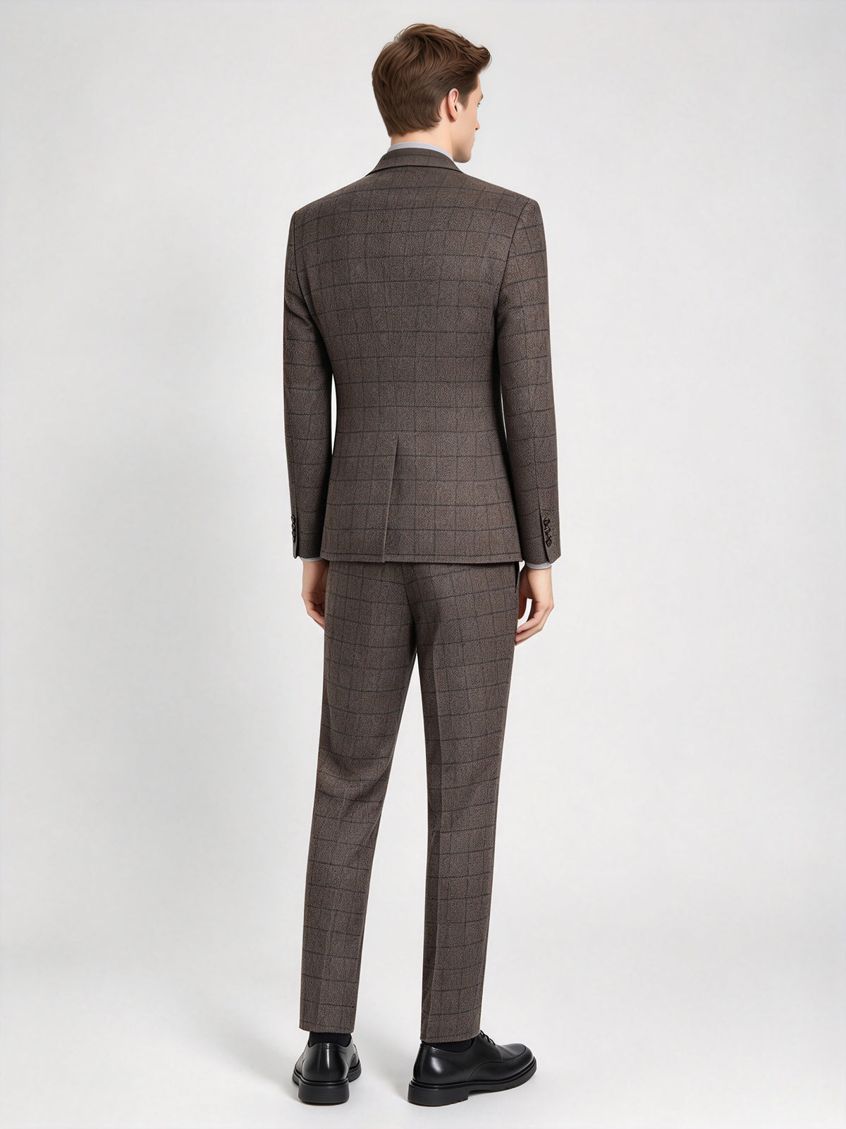 Cicinia Single Breasted Windowpane Plaid 3 Pieces Notch Lapel Slim Fit Coffee Men's Suits