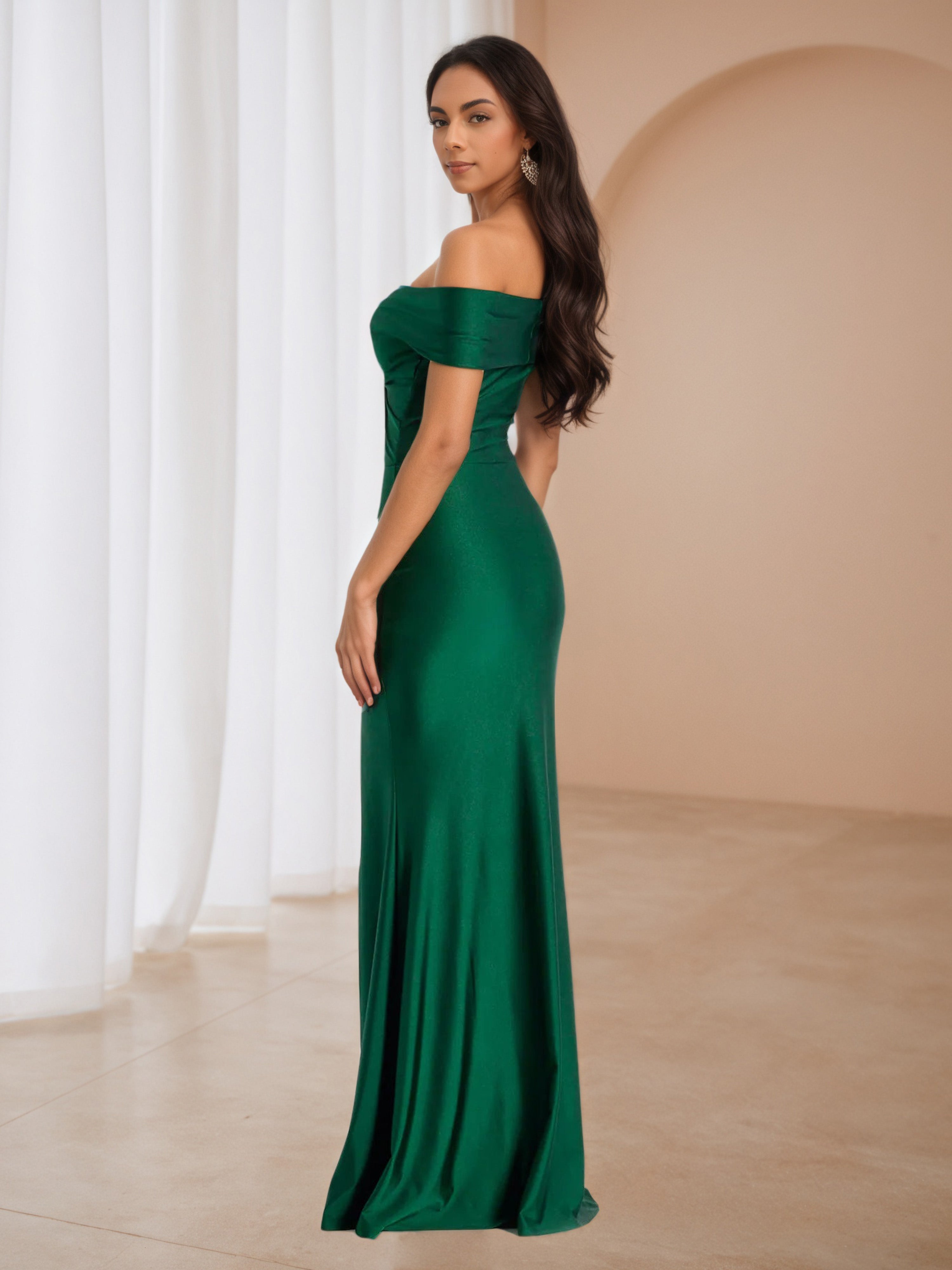 Off The Shoulder Twist Neck Dark Green Wedding Guest Dress with Split