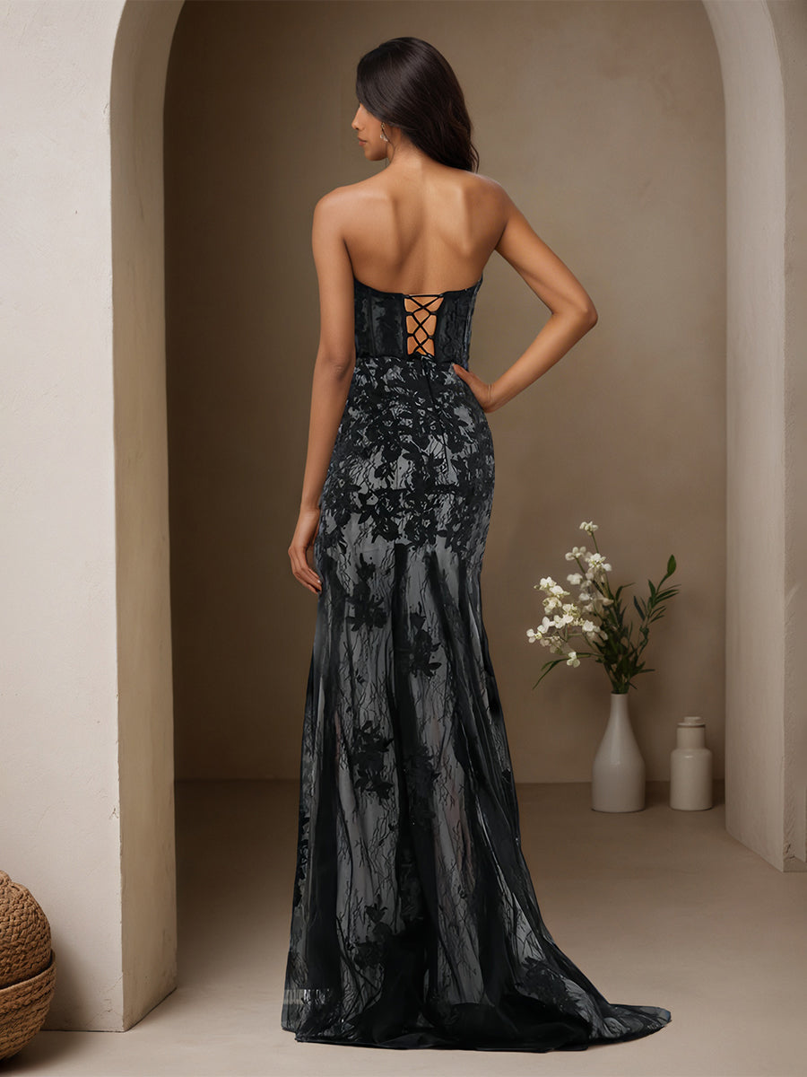Cicinia Black Prom Dresses Long Lace Sheath Slit Sweetheart Sweep Train Gowns