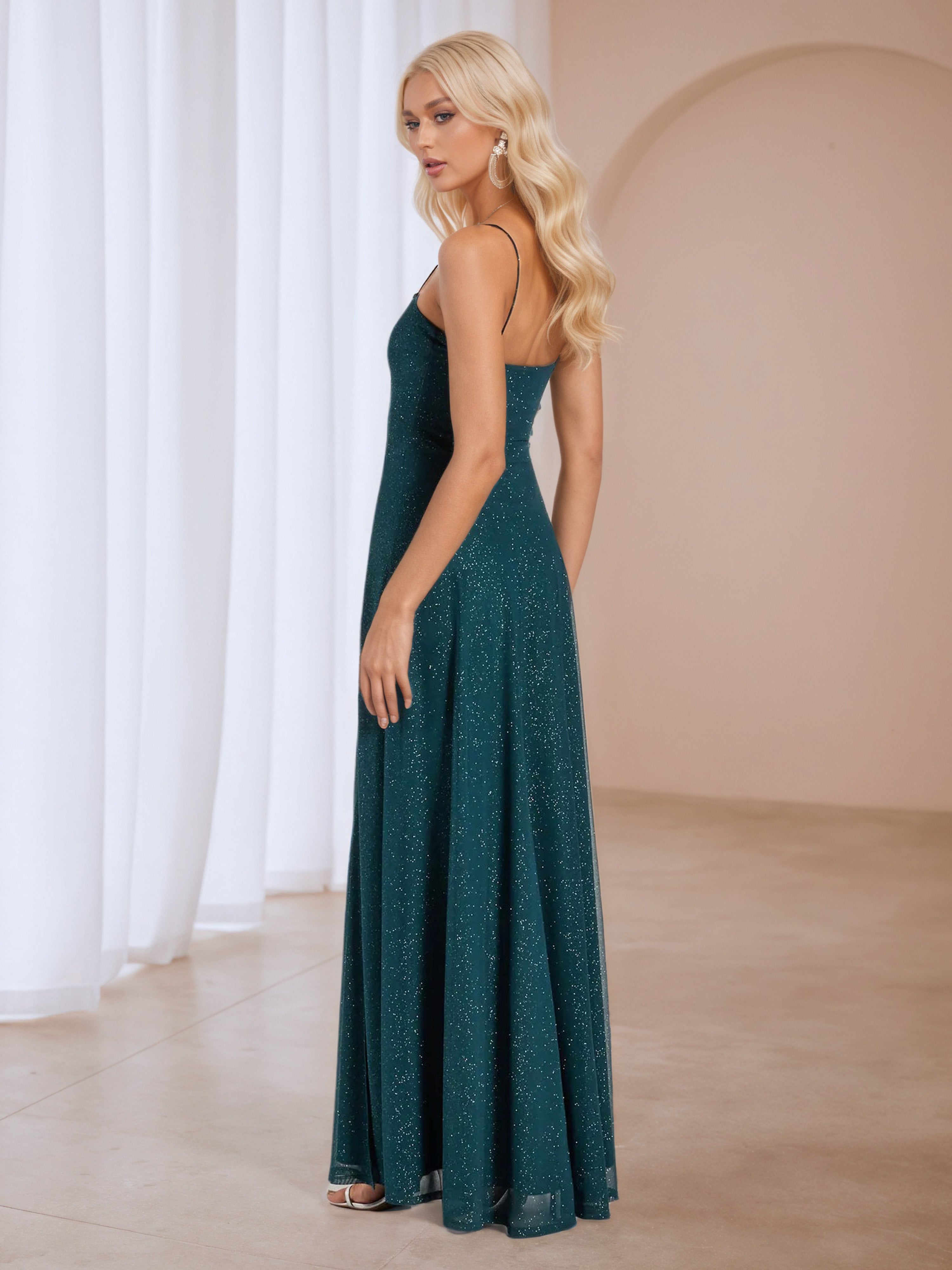 A-Line Ink Blue Floor Length Spaghetti Straps Wedding Guest Dress