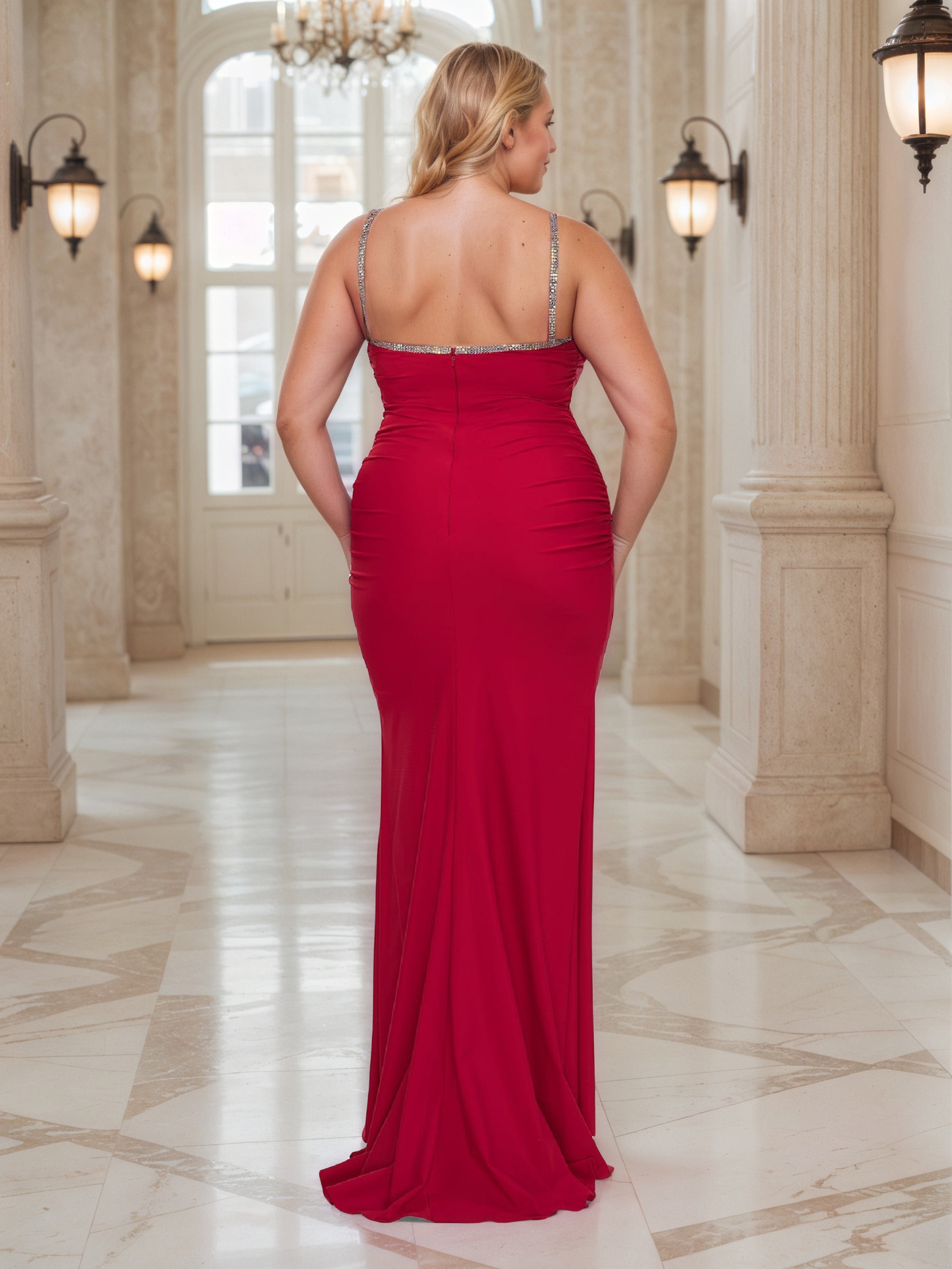 Red And Silver Sheath Long Plus Size Prom Dress With High Split