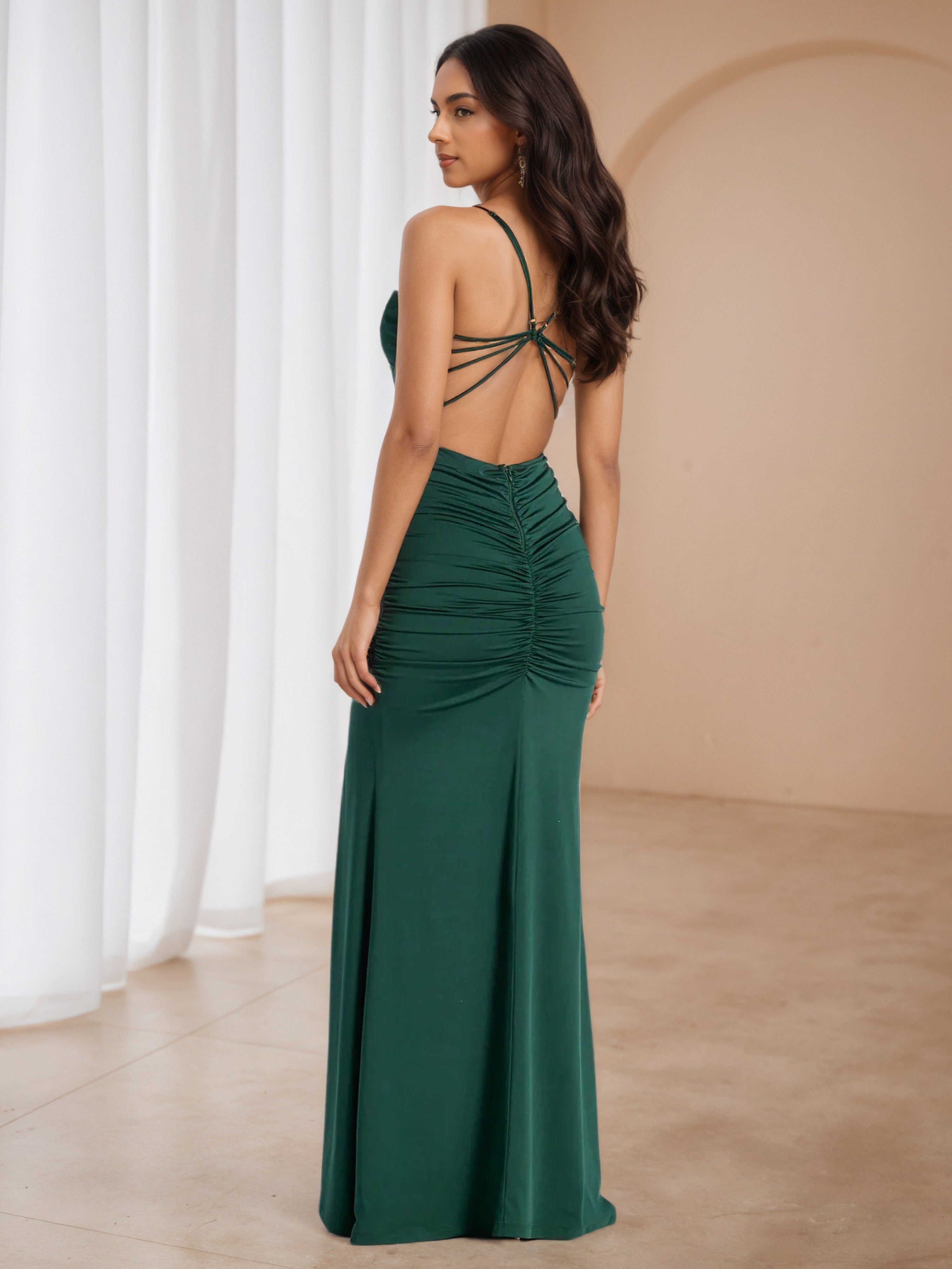 Peacock Ruched Sleeveless Wedding Guest Dress
