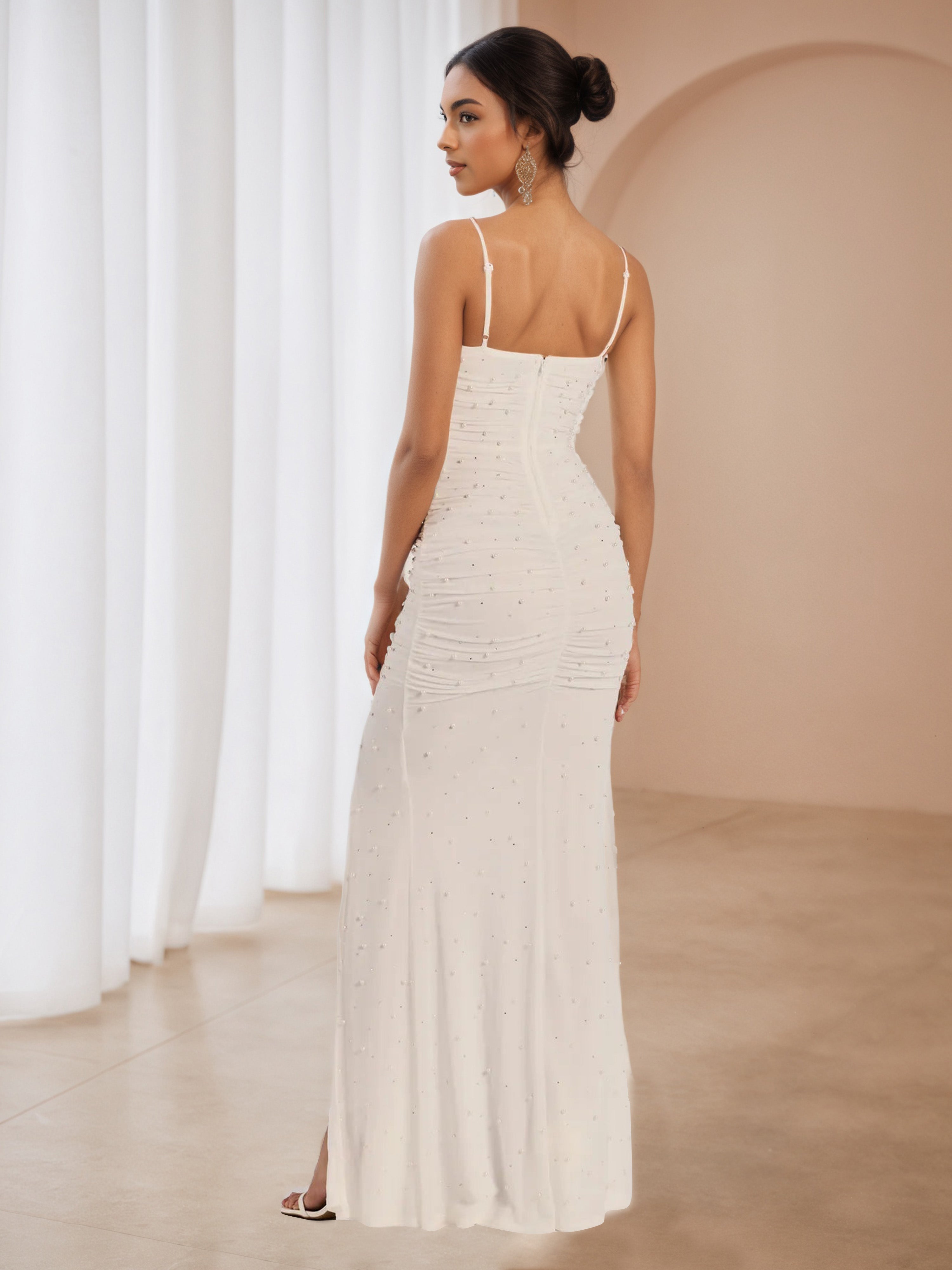 Sweetheart Ivory Pearl Long Wedding Guest Dress with Split