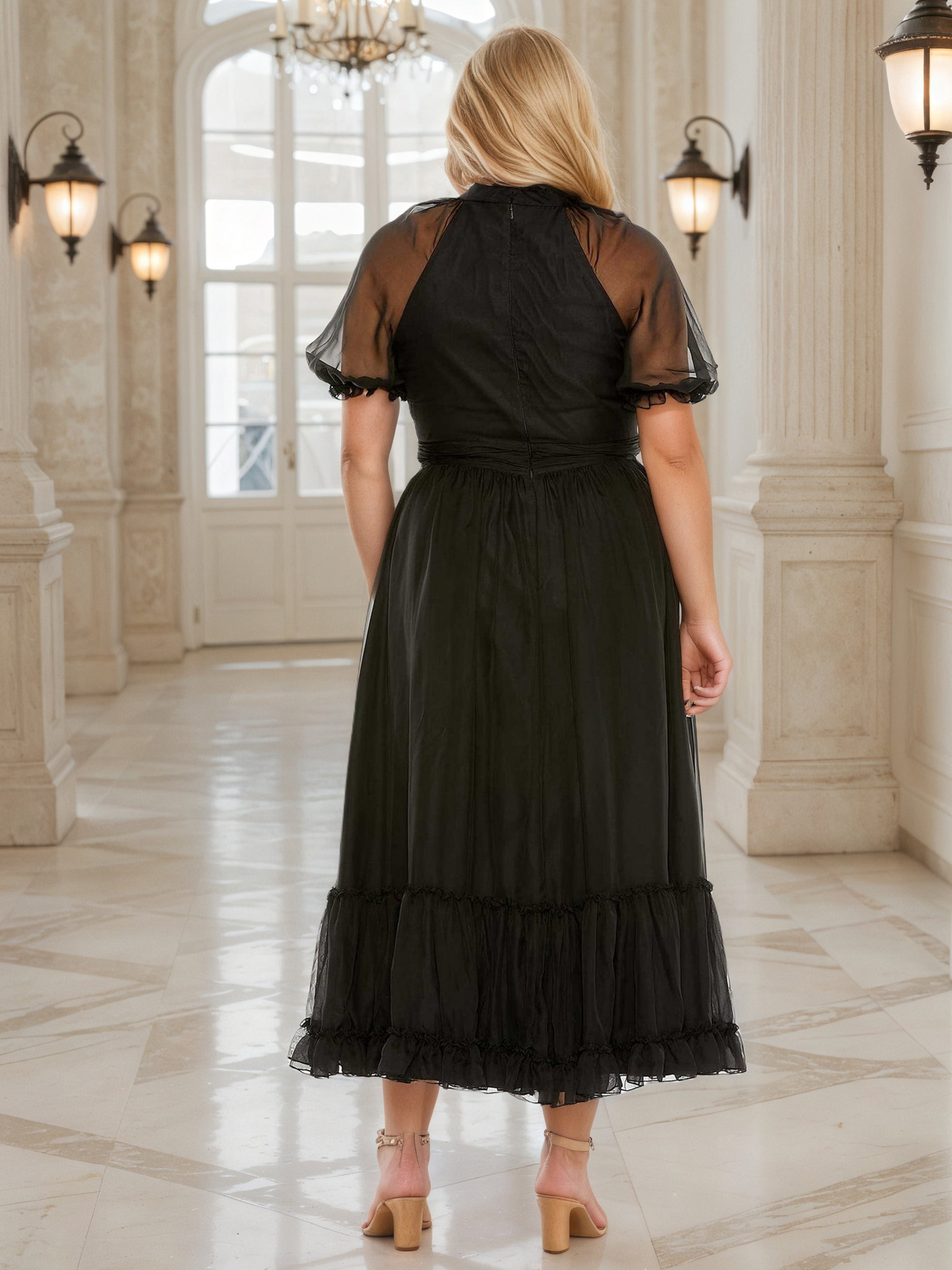 Elegant Black Short Sleeves Tea Length Plus Size Prom Dress