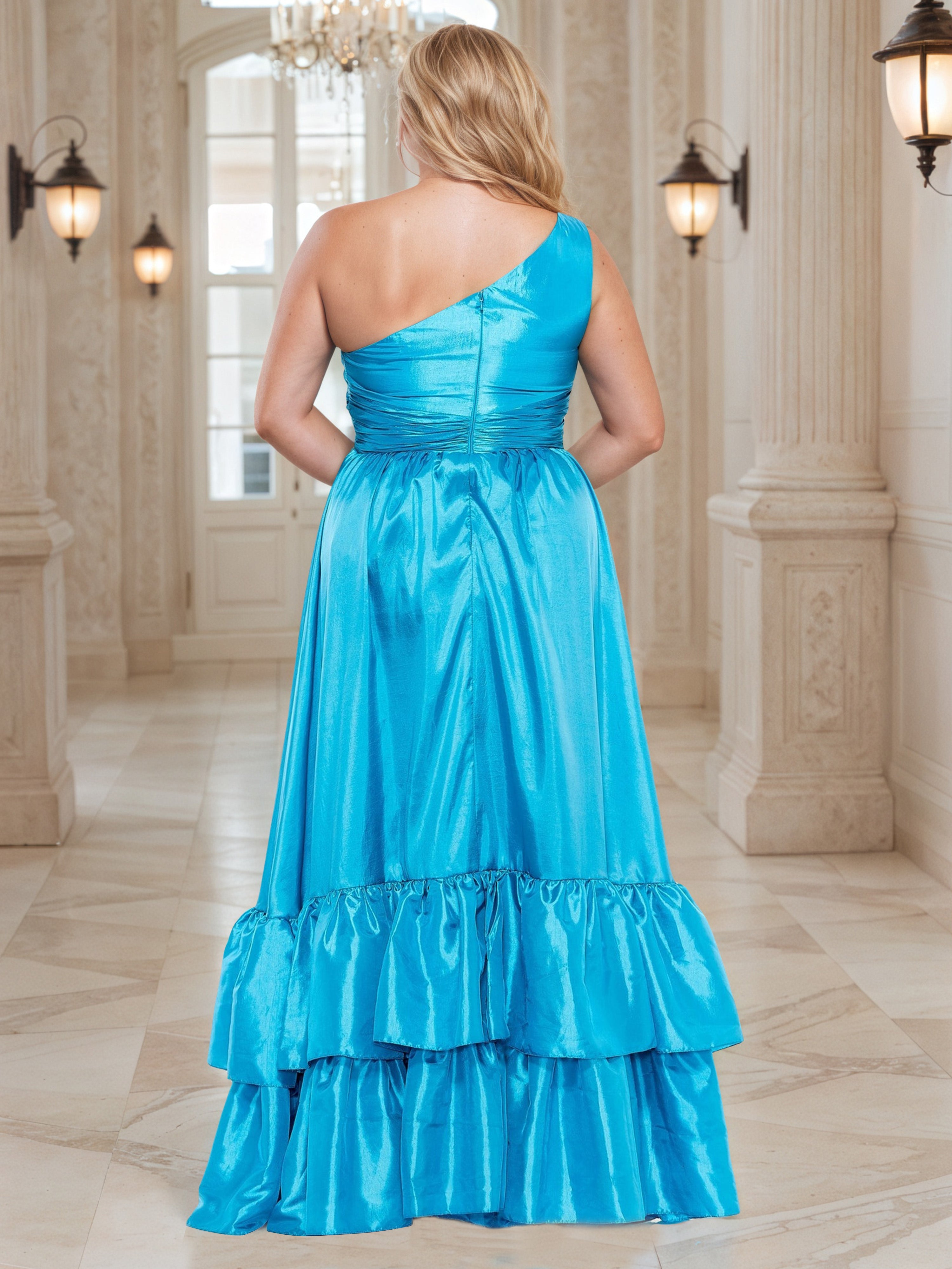 Beautiful One Shoulder Blue Long Layers Plus Size Princess Prom Dress